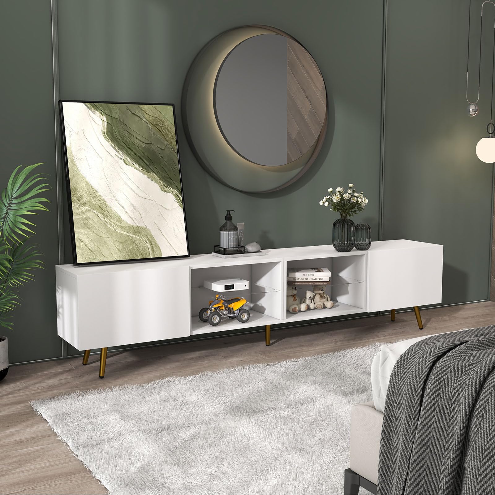 Bonzy Home 86" LED TV Stand, Modern Entertainment Center up to 75" 80" 85" TV, Television Console Table with Storage Cabinets for Living Room, White