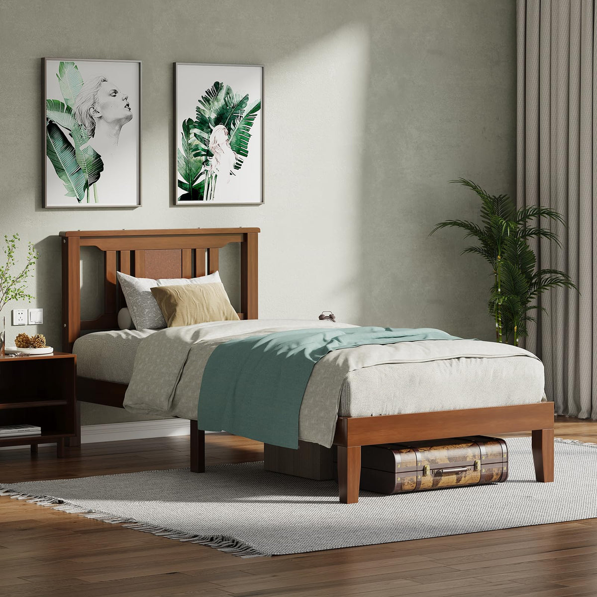 OLIXIS Twin Bed Frame with Headboard, Solid Wood Bedframe