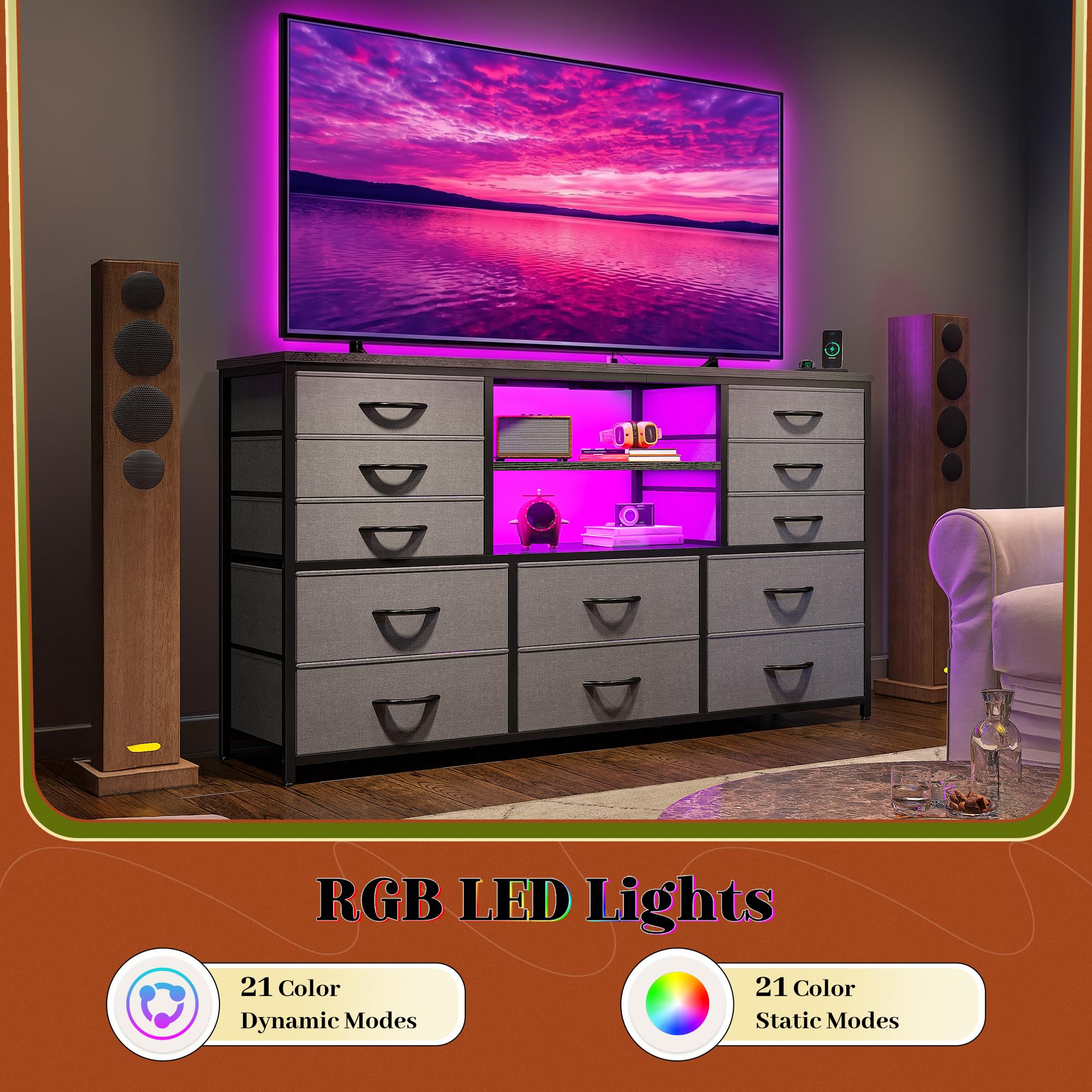 EnHomee 12 Drawers Dresser for Bedroom with LED Lights & Charging Station, TV Stands for 55/60'' TV, Fabric Dressers & Chests of Drawers with 3 Wooden Shelves for Hallway,Sturdy,Grey