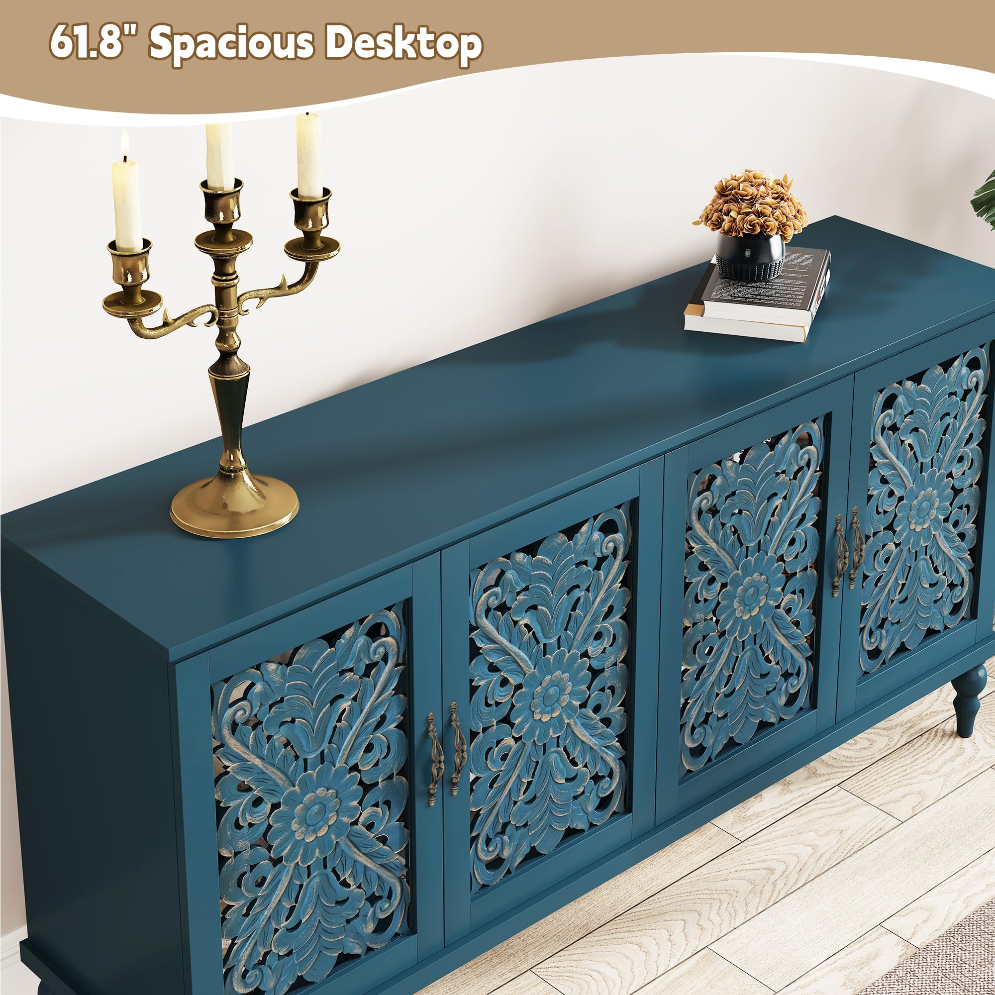 63" Hollow Carved Wood Accent Cabinet with 4 Doors
