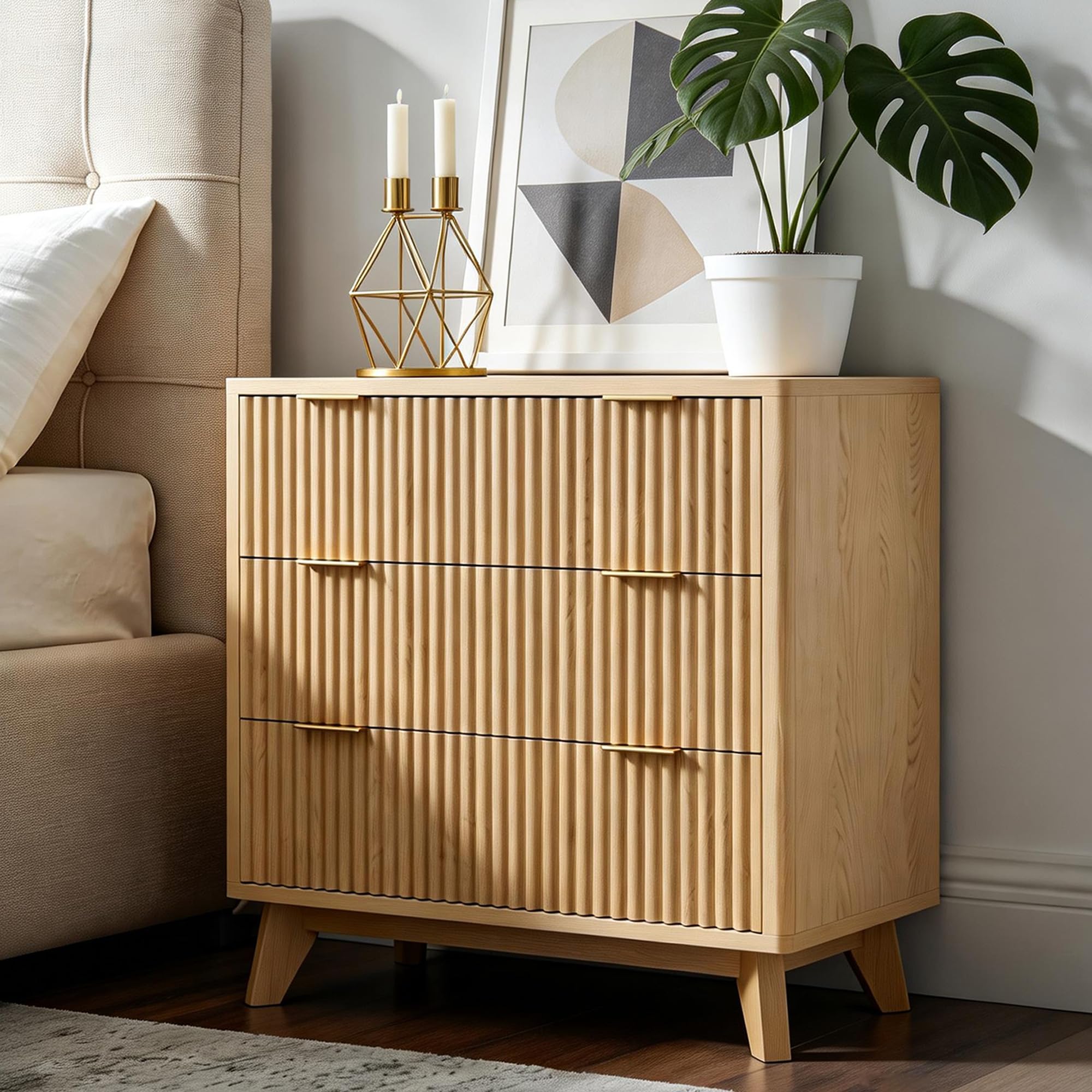 32" Fluted Nightstand with Fast Charging Station & 3 Drawers