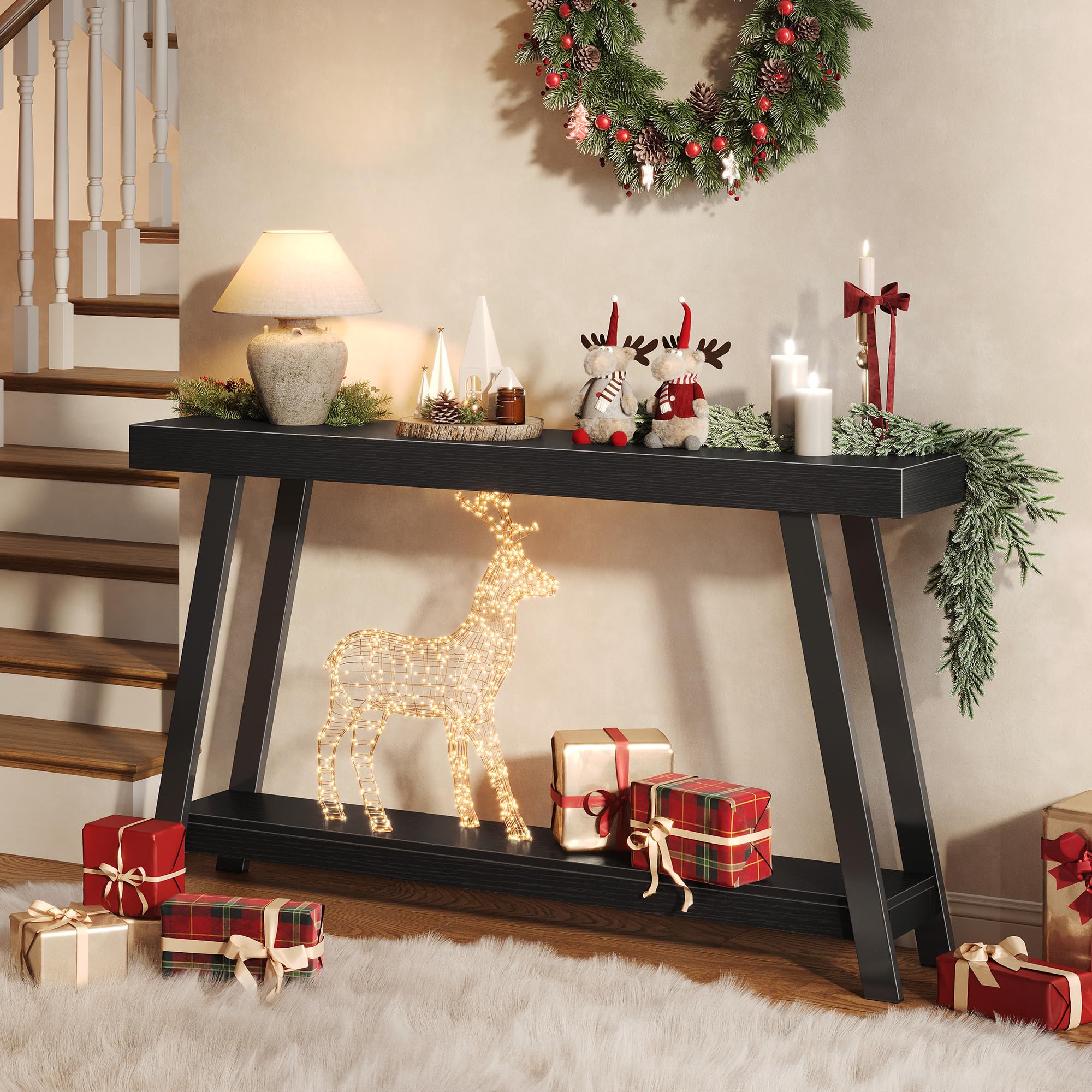 Huuger Console Table with Charging Station, USB-C Port, 2 Tiers Entryway Table, 53.9 Inch Sofa Table with Metal Legs, Entry Hallway Table with Thicker Desktop, Modern Behind Couch Table, Black