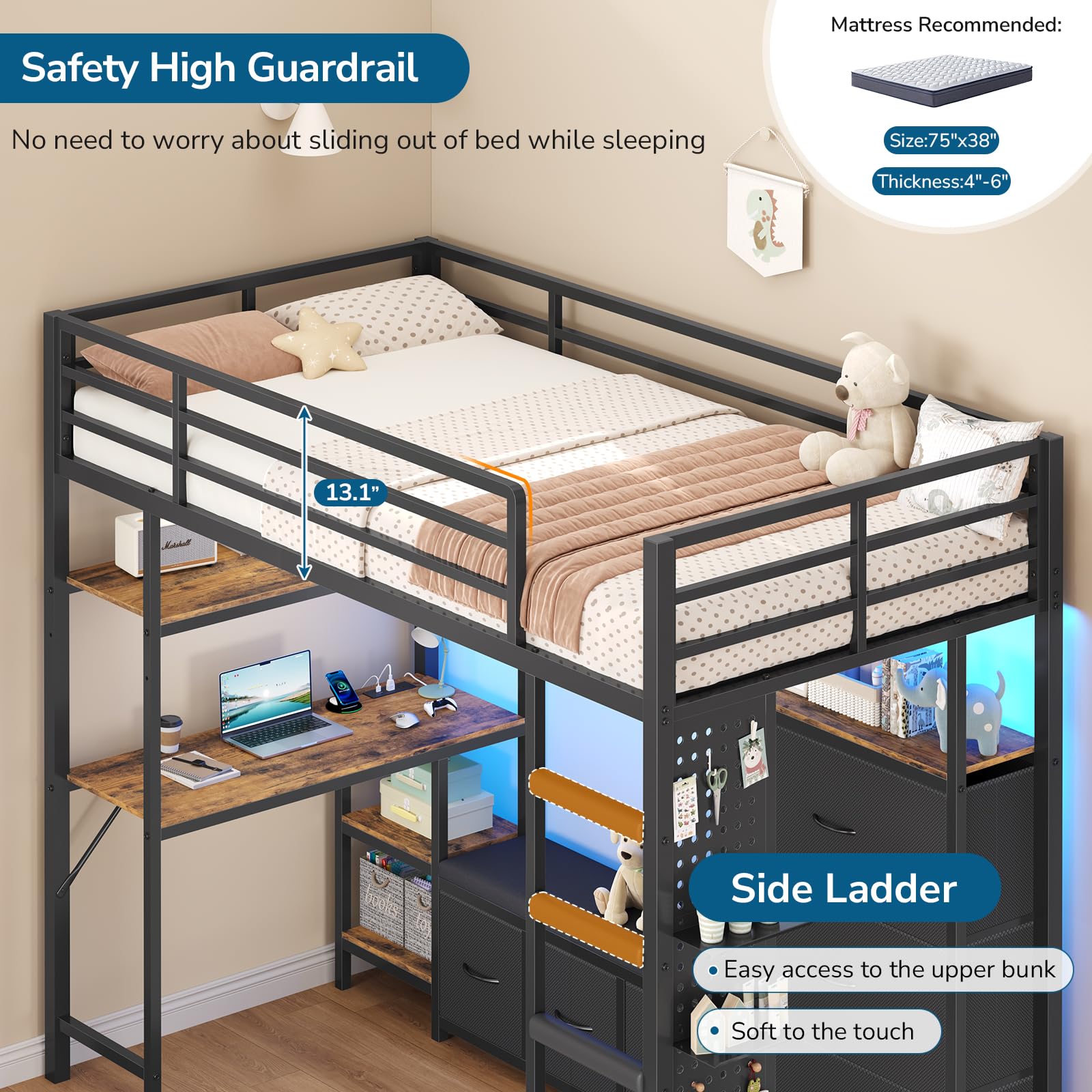 Twin Loft Bed with Desk, Storage & LED Lights