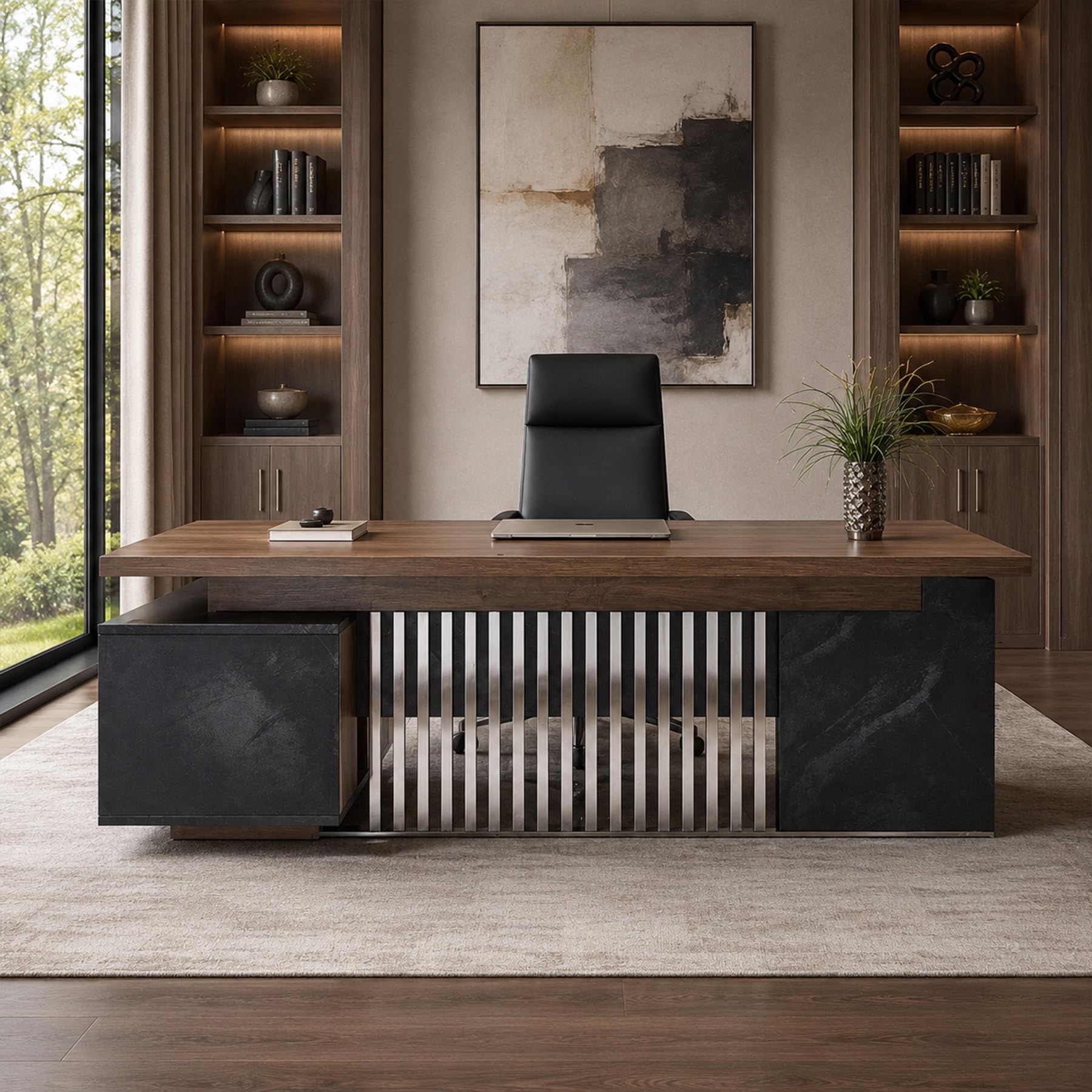 70.86 inch Inch Large Executive Desk with Drawers Cabinet, L Shaped Office Desk, Computer Desk with Universal Charging Ports and Cable Management for Business Furniture Set Workstation for Home Office