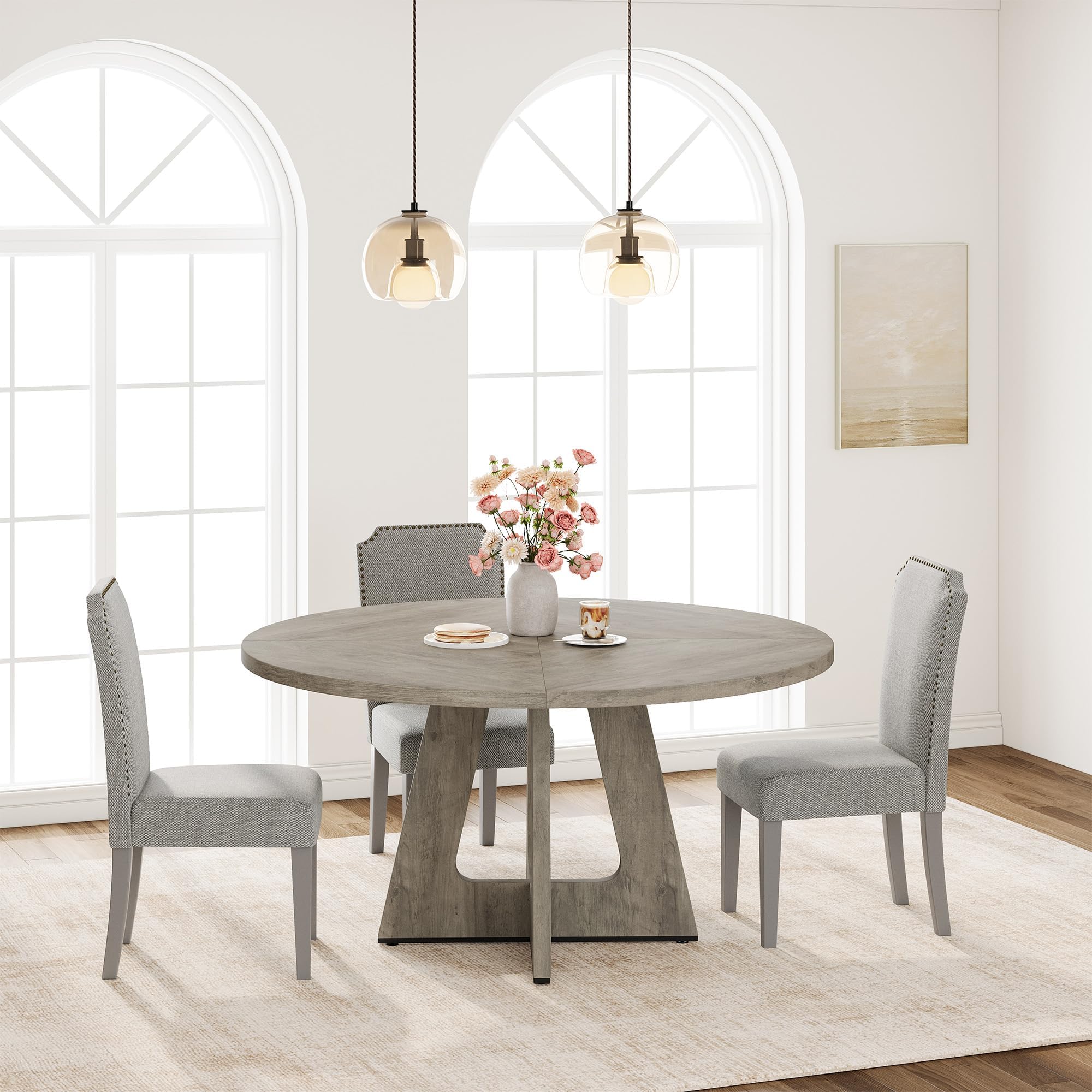 Garvee 47" Round Dining Table for 4 to 6, Farmhouse Kitchen Table with Cross Pedestal Base, 63 Lbs Circle Dinner Table, Not Easy to Slide - Grey (No Chairs)