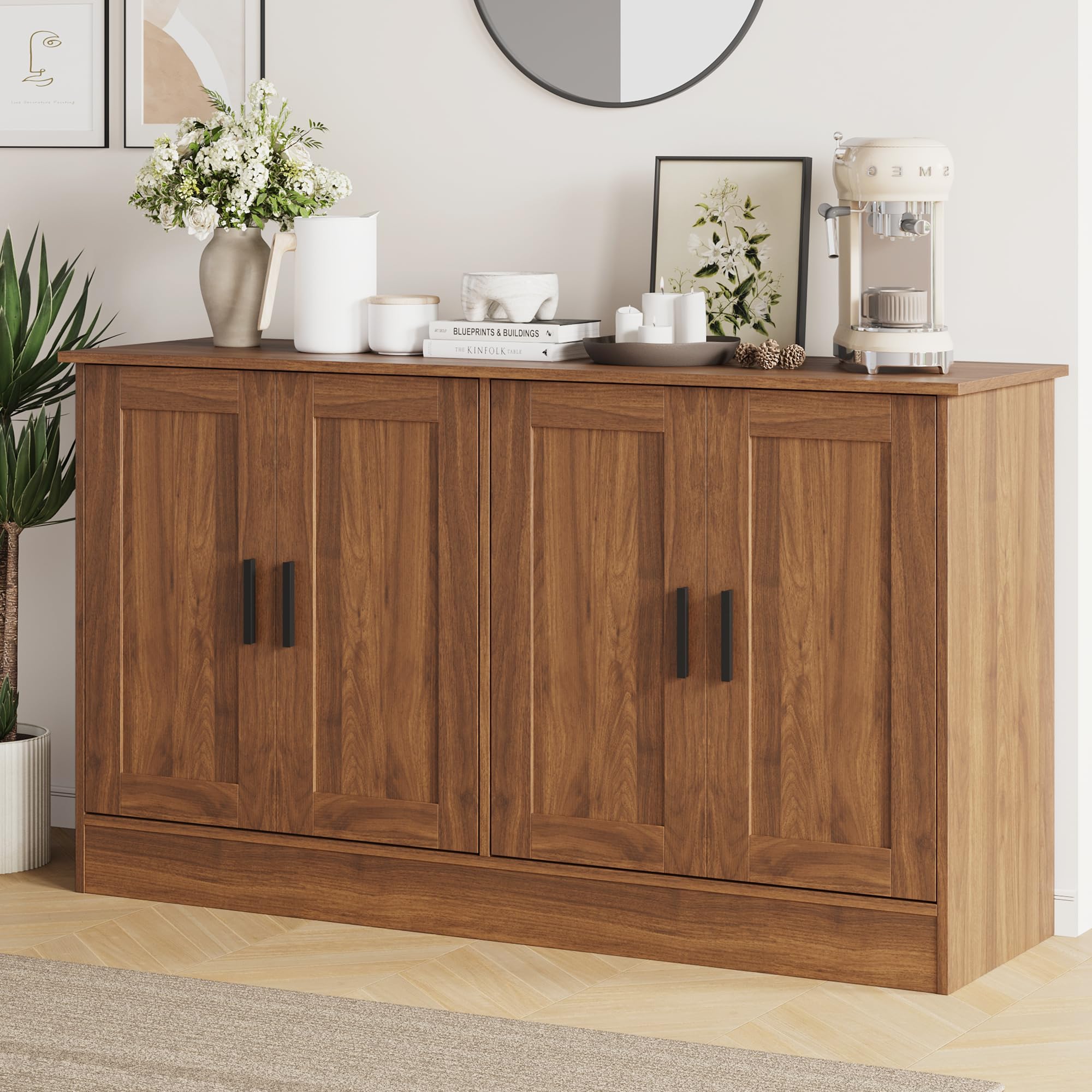 Anystyle 53" Rustic Brown Buffet Cabinet with Storage, Industrial Kitchen Sideboard with 4 Doors & Adjustable Shelves, Entryway Credenza & TV Console Table for Living Room, Dining Room