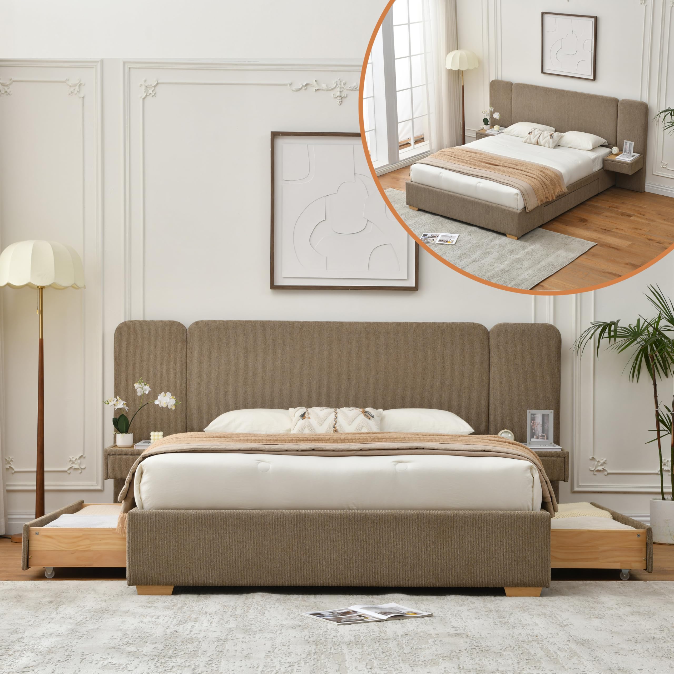 Queen Size Platform Bed Frame with 2 Built-in Nightstands, Wood Bed Frame with 2 Storage Drawers, Luxury Bed Frame with Chenille Upholstered Headboard, Easy Assembly, No Box Spring Needed, Brown