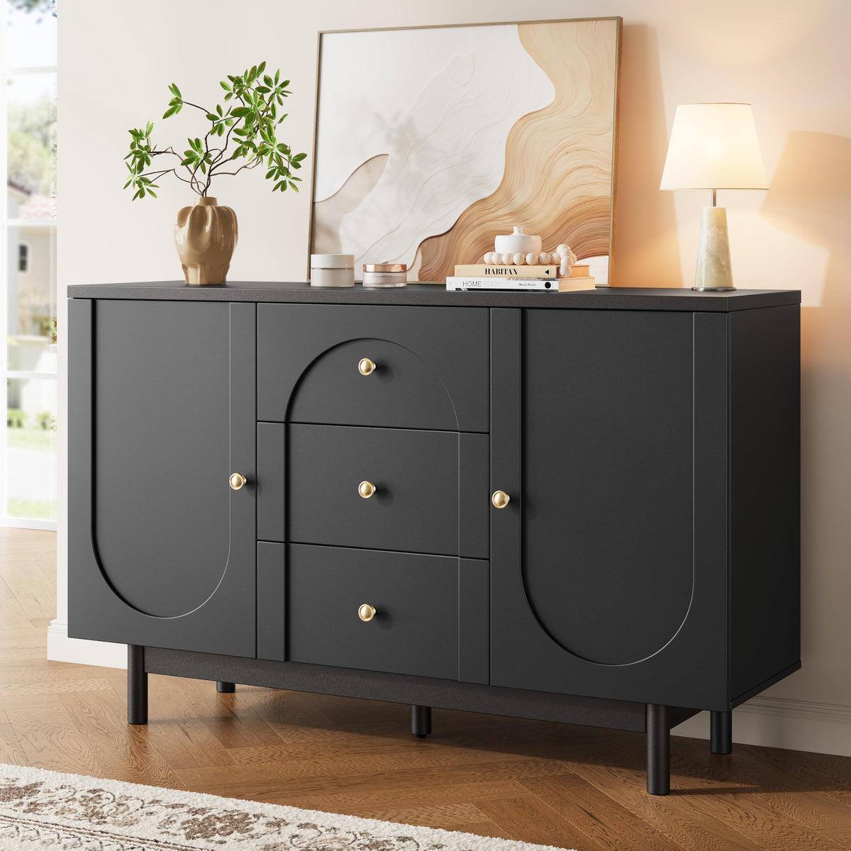 OneBlis Buffet Cabinet with Drawers, 54" Large Sideboard Buffet Storage Cabinet with Adjustable Shelves and Doors, Modern Coffee Bar Station Kitchen Table for Kitchen, Dining Room, Black