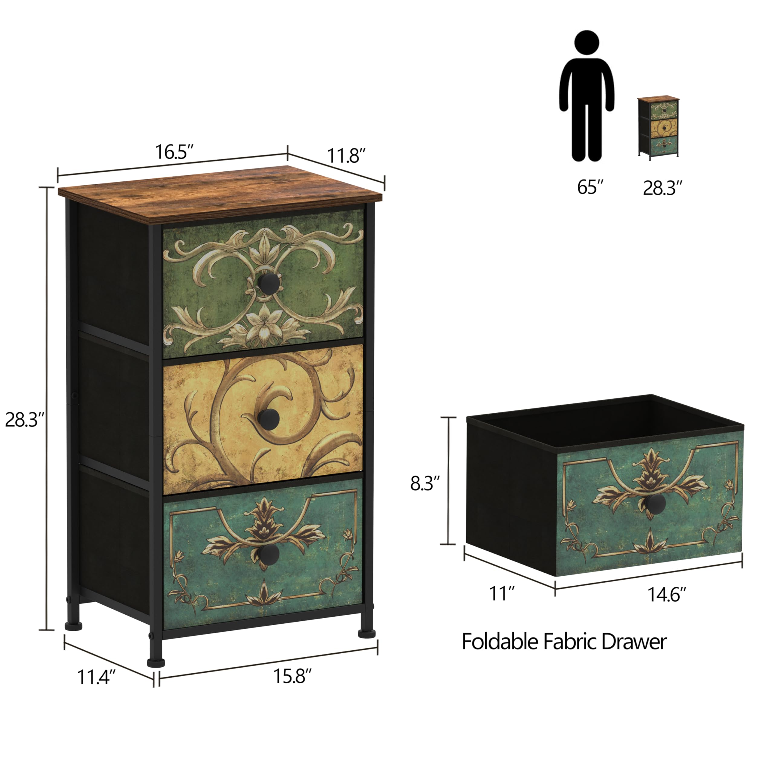 Tohomeor Small Dresser for Bedroom with Retro Flower Narrow Drawers Slim Chest of Drawers Skinny Nightstand Sofa End Table for Living Room Entryway Closet Storage (Multi, 3 Drawers)