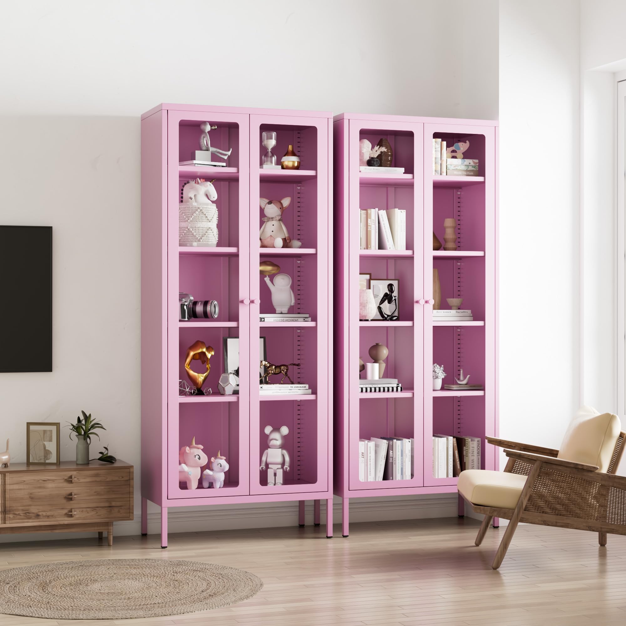 Greenvelly 5-Tier Glass Display Cabinet, Pink Metal Display Cabinet with Glass Doors, 67" Tall Curio Cabinet with Tempered Glass Doors for Home Office, Living Room, Pantry