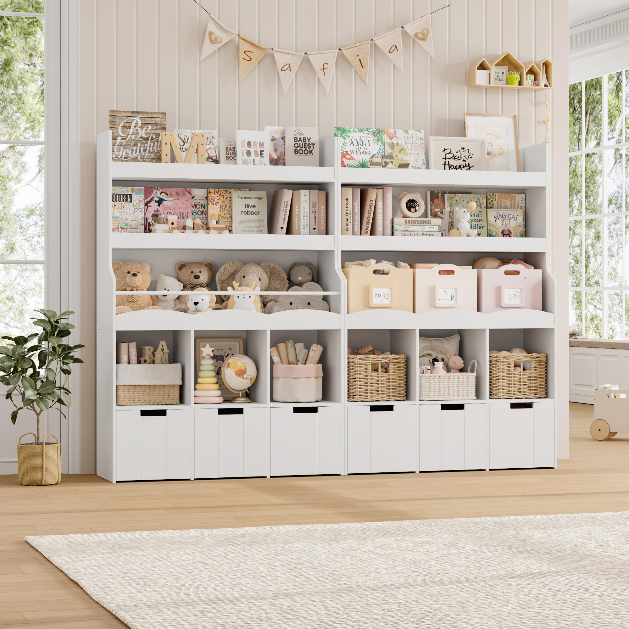 HITHOS 55.3" H Kids Bookshelf with Toy Storage Organizer, Tall Book Shelf with 3 Movable Toy Storage Bins, Large Kids Bookcase with Toy Chest, 39.2" W Modern Toy Box for Kid Room, Playroom, White