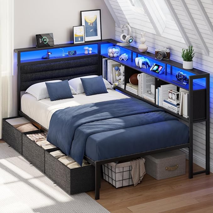 Full Corner Storage Bed with LED Lights