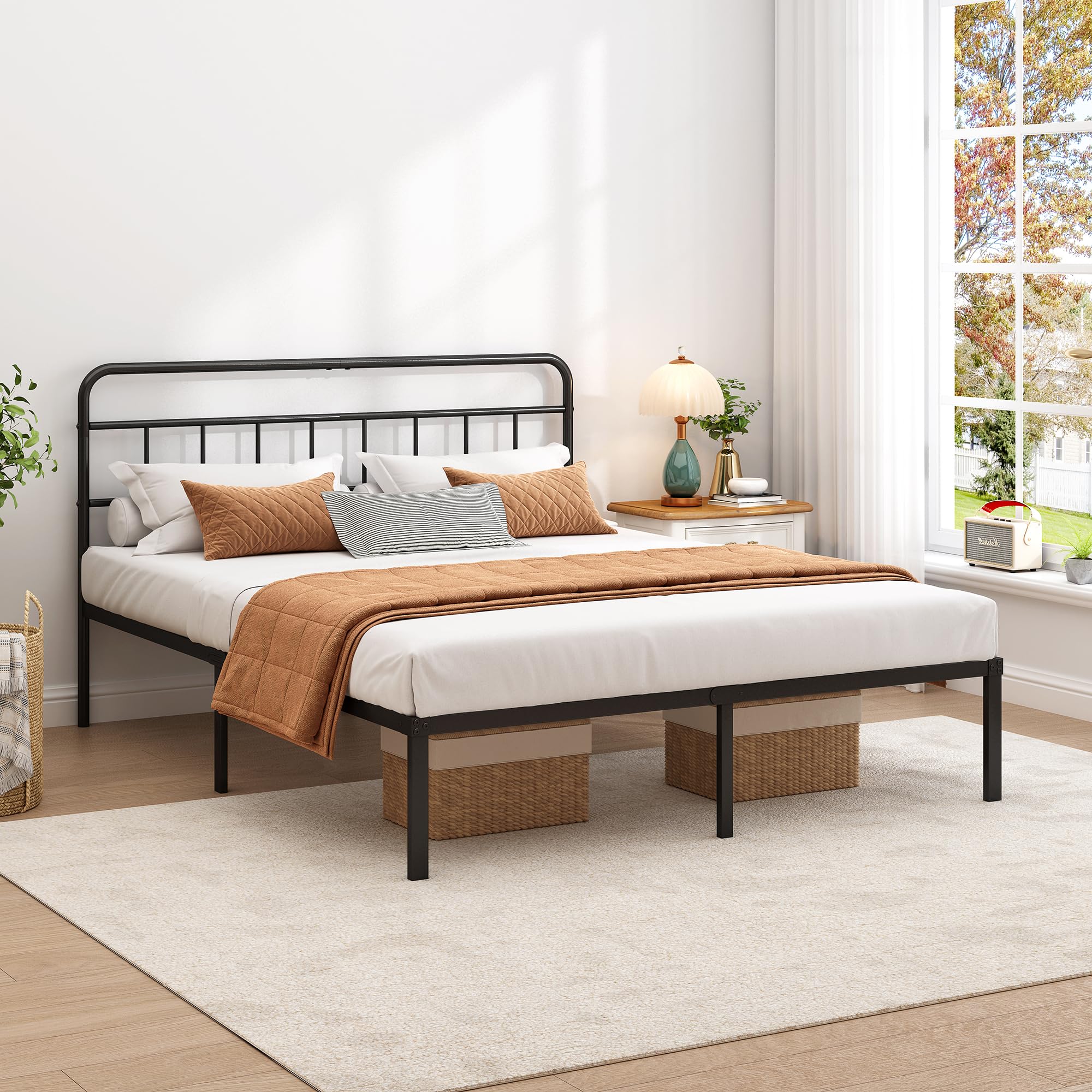 Metal Platform Bed Frame with Headboard & Under-Bed Storage