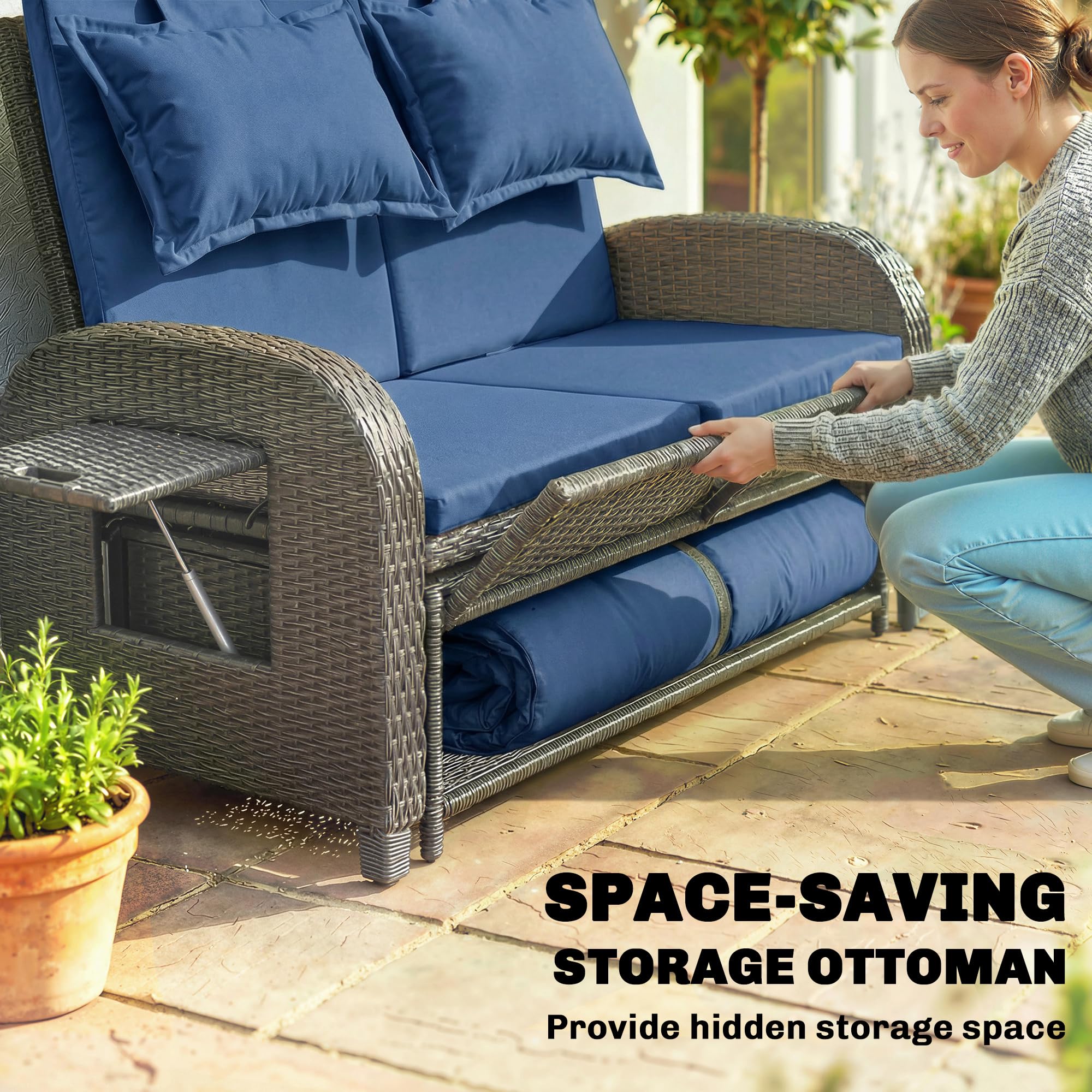 Outsunny Patio Rattan Daybed, Wicker Outdoor Daybed with Storage Ottoman, Loveseat Sofa with Adjustable Backrest, Side Tables, Cushions, Headrests, Double Sunbed Lounger for Balcony, Navy Blue