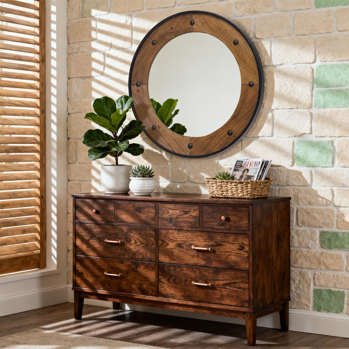 Round Wood Wall Mirror