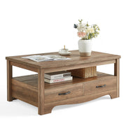 LINSY HOME Farmhouse Coffee Table with Storage, Wood Coffee Table for Living Room, Open Display Area and Storage Drawers with Metal Handles, Chic Style with Curved Base, Brown