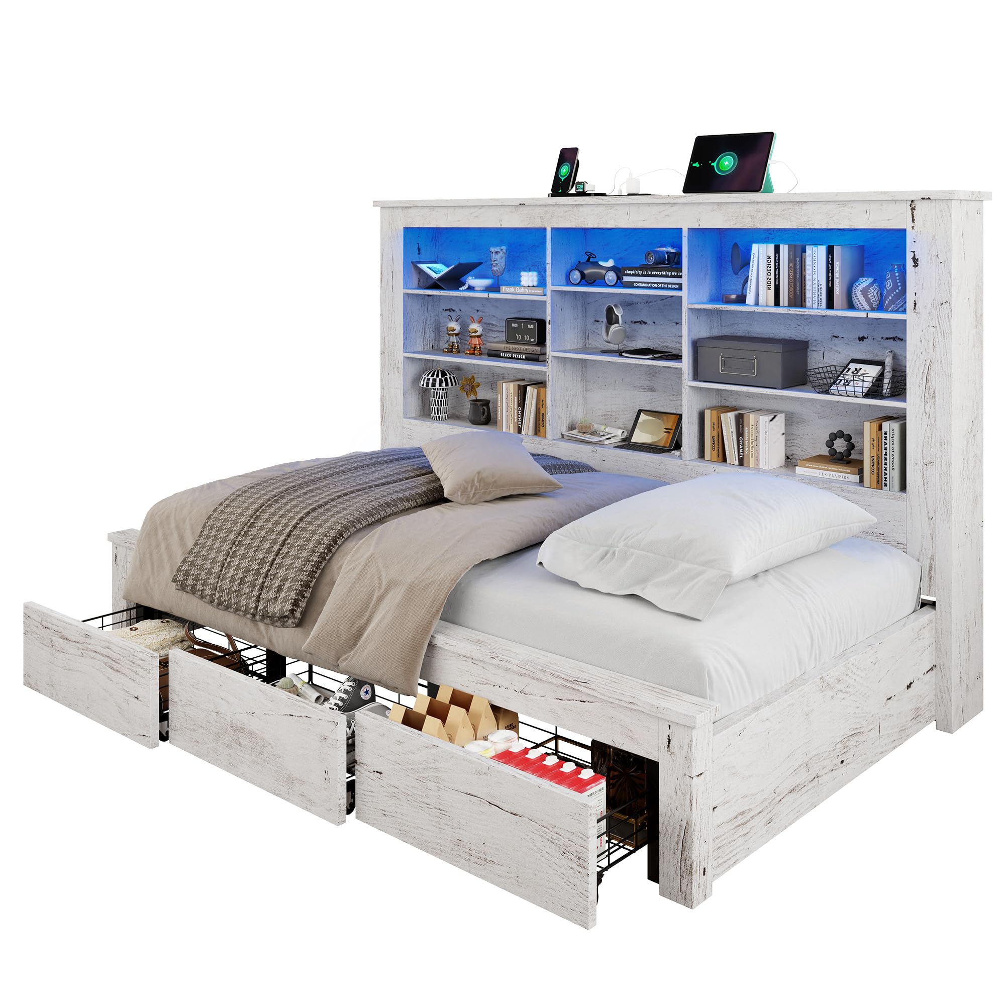 Twin Storage Daybed with Bookcase Headboard, USB Charging & RGB LED Lights