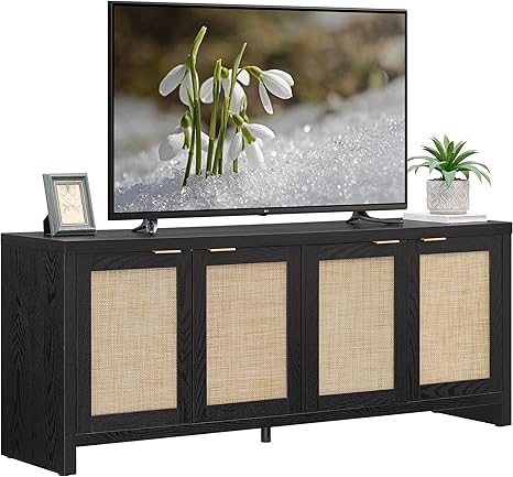 Boho TV Stand with Rattan Cabinet Doors