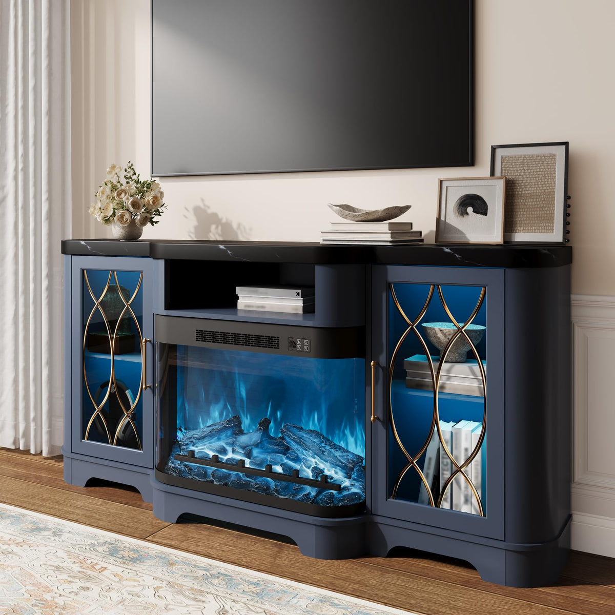 RNLRNL 70" TV Stand with 30" Curved Electric Fireplace, Blue/Black