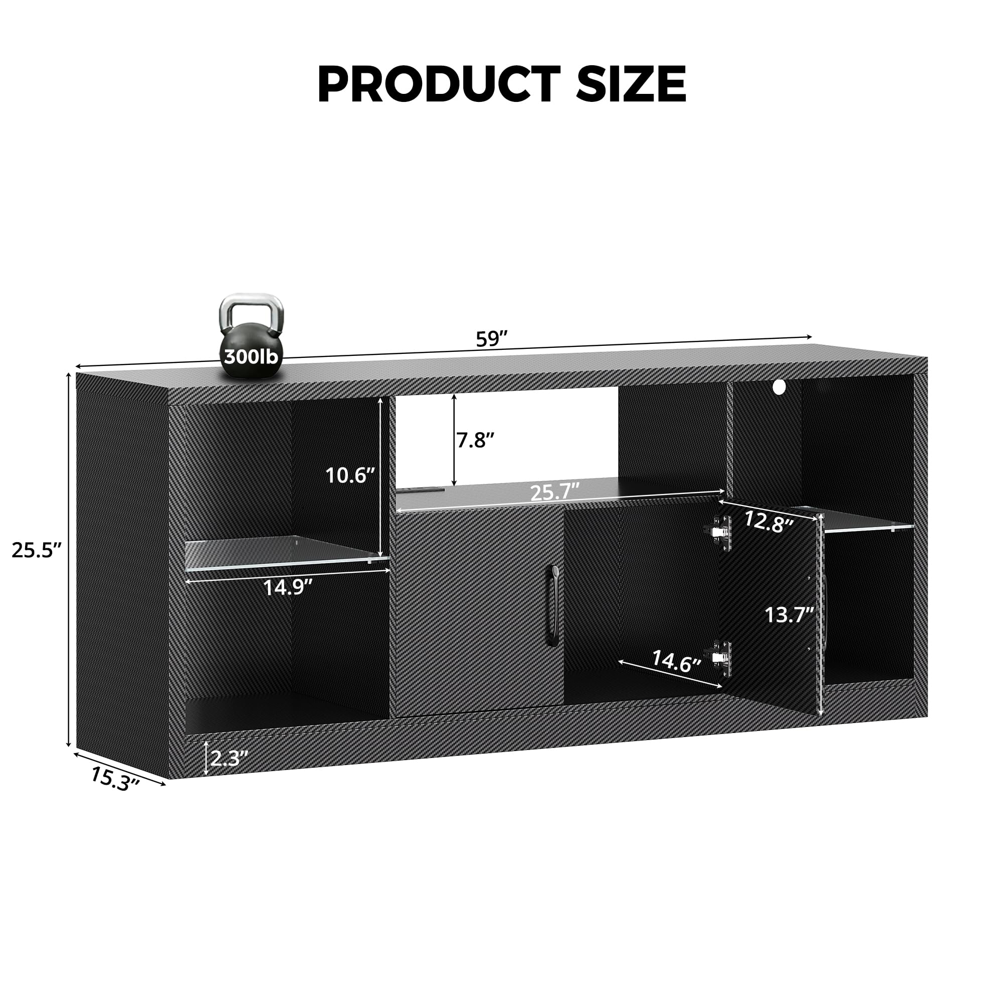 IRONCK TV Stand for TVs 65 inch with Power Outlet and LED Lights, Carbon Fiber Entertainment Center with Storage Cabinets, Adjustable Glass Shelves, Modern TV Stands for Living Room, Black