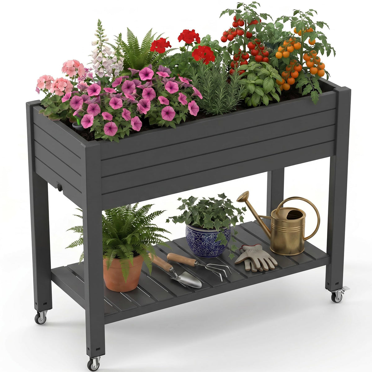 EFU Raised Garden Beds Outdoor, with Wheels & Extra Storage Shelf