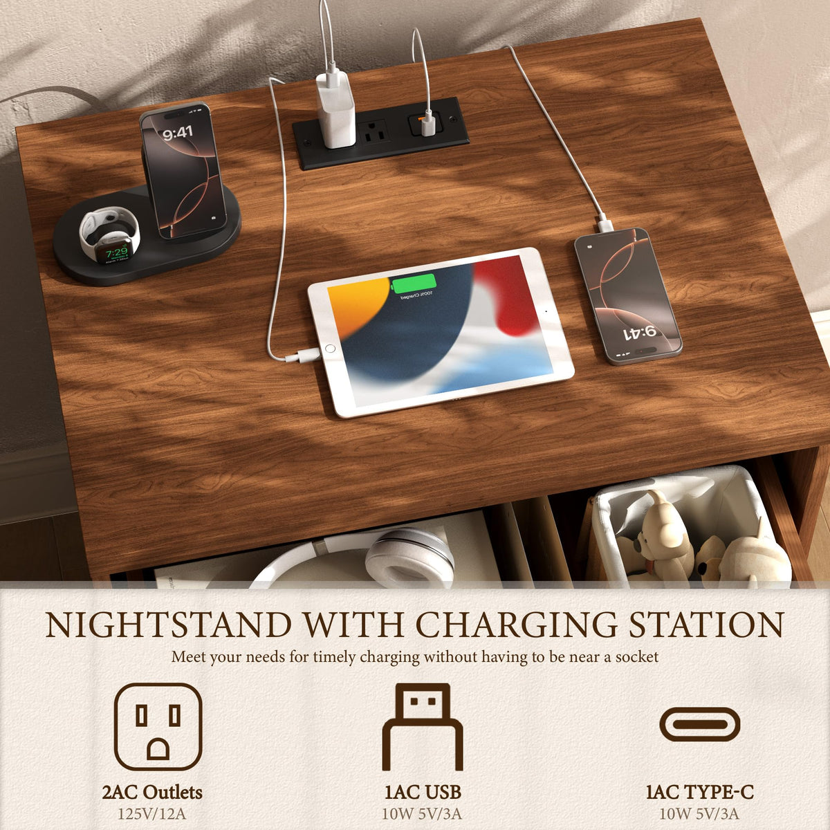 Yechen Fluted Nightstand with Charging Station, 2 Drawers, Walnut