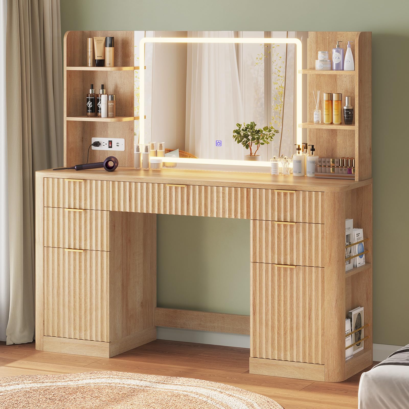 HAUOMS 51.2" Fluted Makeup Vanity Desk with Large 30.3" Mirror and Lights, 5 Drawer Vanity with Power Strip, 6 Open Shelves, 2 Cabinet，Modern Dressing Table with Solid Wood Legs for Bedroom, Oak