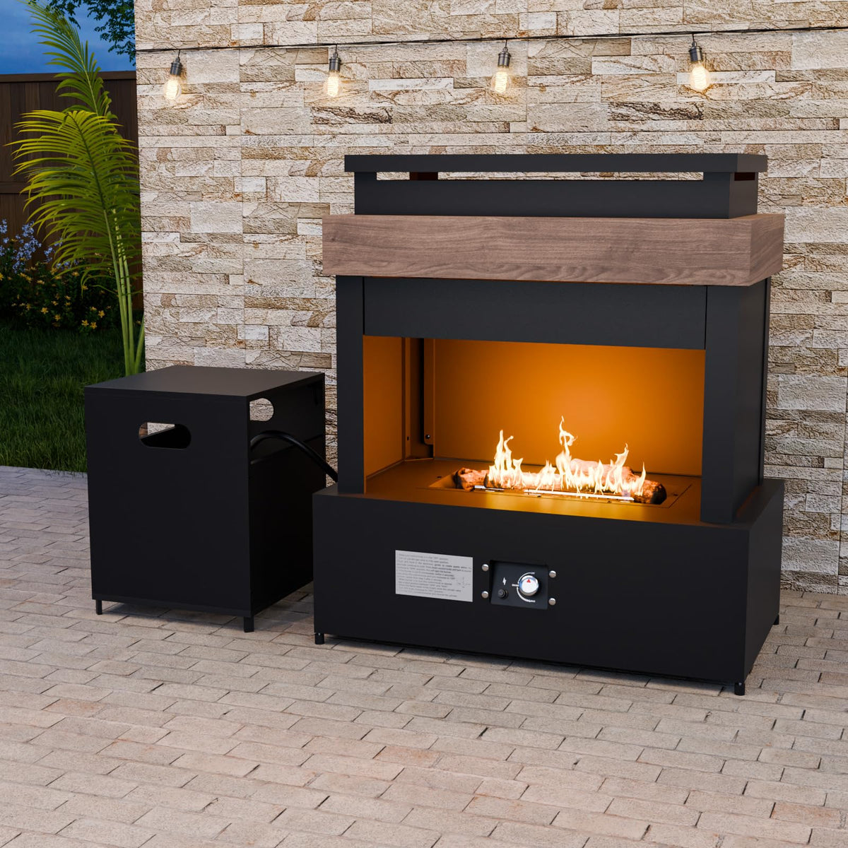 COOS BAY Outdoor Propane Fireplace, 50,000 BTU Adjustable Gas Fire Pit with Tank Storage, Smokeless Ceramic Log Chiminea Patio Heater, 35.4"x22"x40.6", Gray/Tan