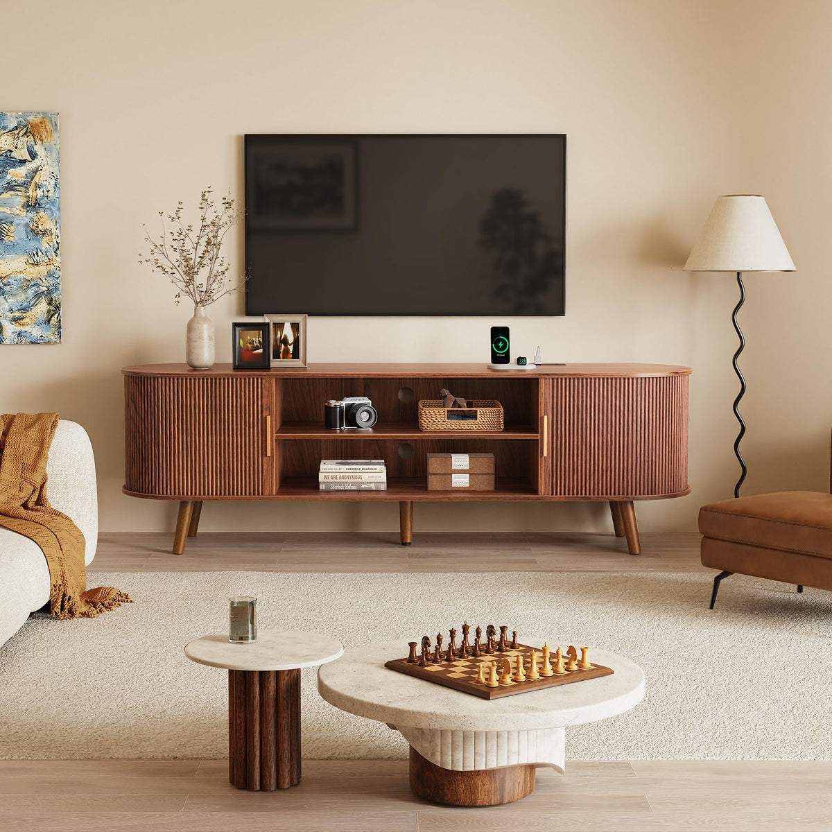 PRAISUN 63 Inch Fluted TV Stand for TVs up to 55, 65 Inch, TV Media Console with Power Outlets and USB-C Port, Entertainment Center with Storage, Curved Sliding Doors, Adjustable Shelf, Brown