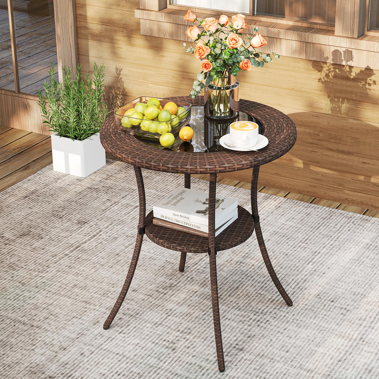 Round Wicker Patio Side Table with Tempered Glass Top & Storage Shelf