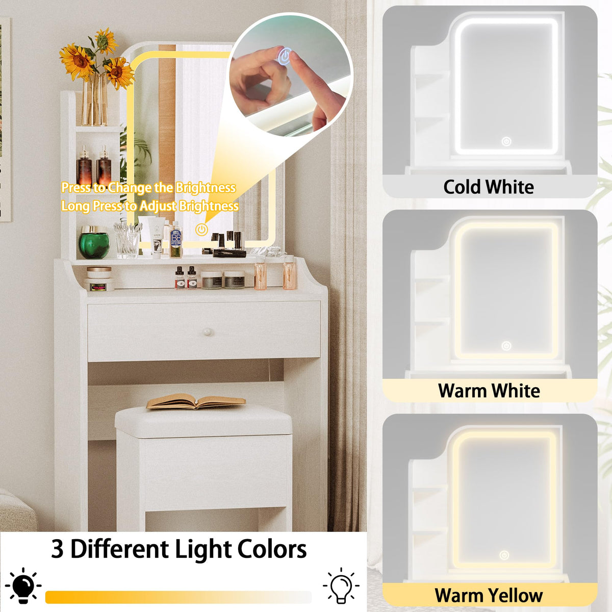 LIKIMIO Small Vanity Desk with Mirror Lights and Storage Stool