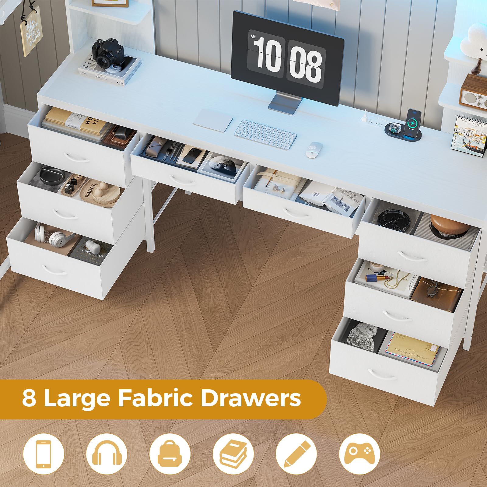 ADORNEVE Full Size Loft Bed with Desk and 8 Storage Drawers, Metal Loft Beds Full with LED Lights & Charging Sation, Heavy Duty Loft Bed Frame with 6 Storage Shelves, Space-Saving, Noise Free,White