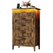 GarveeHome Farmhouse Tall 5 Drawer Dresser with Charging Station & LED Lights, Slim Wooden Bedroom Dresser, Rustic Chest of Drawers Clothes Storage Organizer for Closet Dorm Apartments, Retro