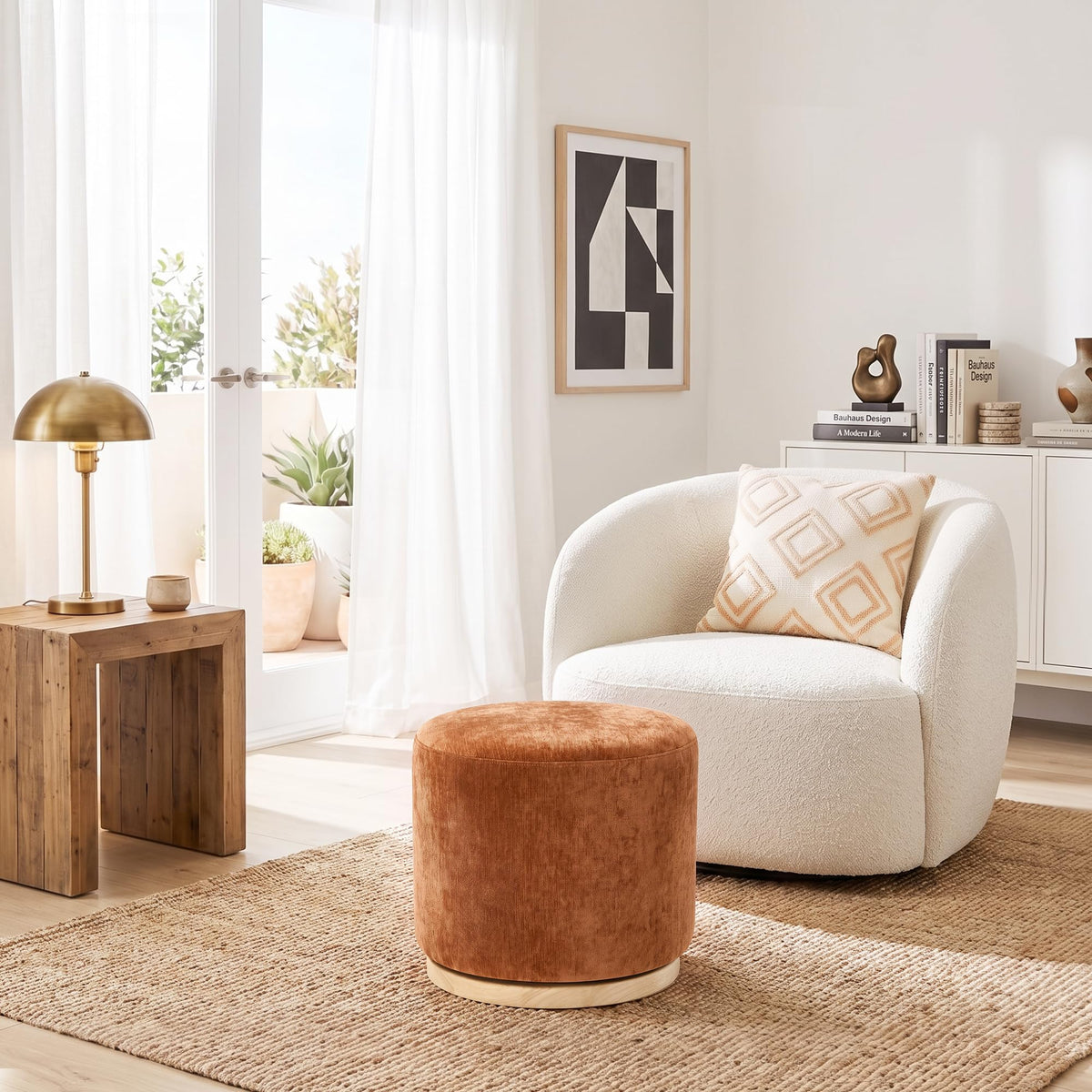 Zibeths Swivel Round Ottoman Set of 2, Burnt Orange Chenille Footstool