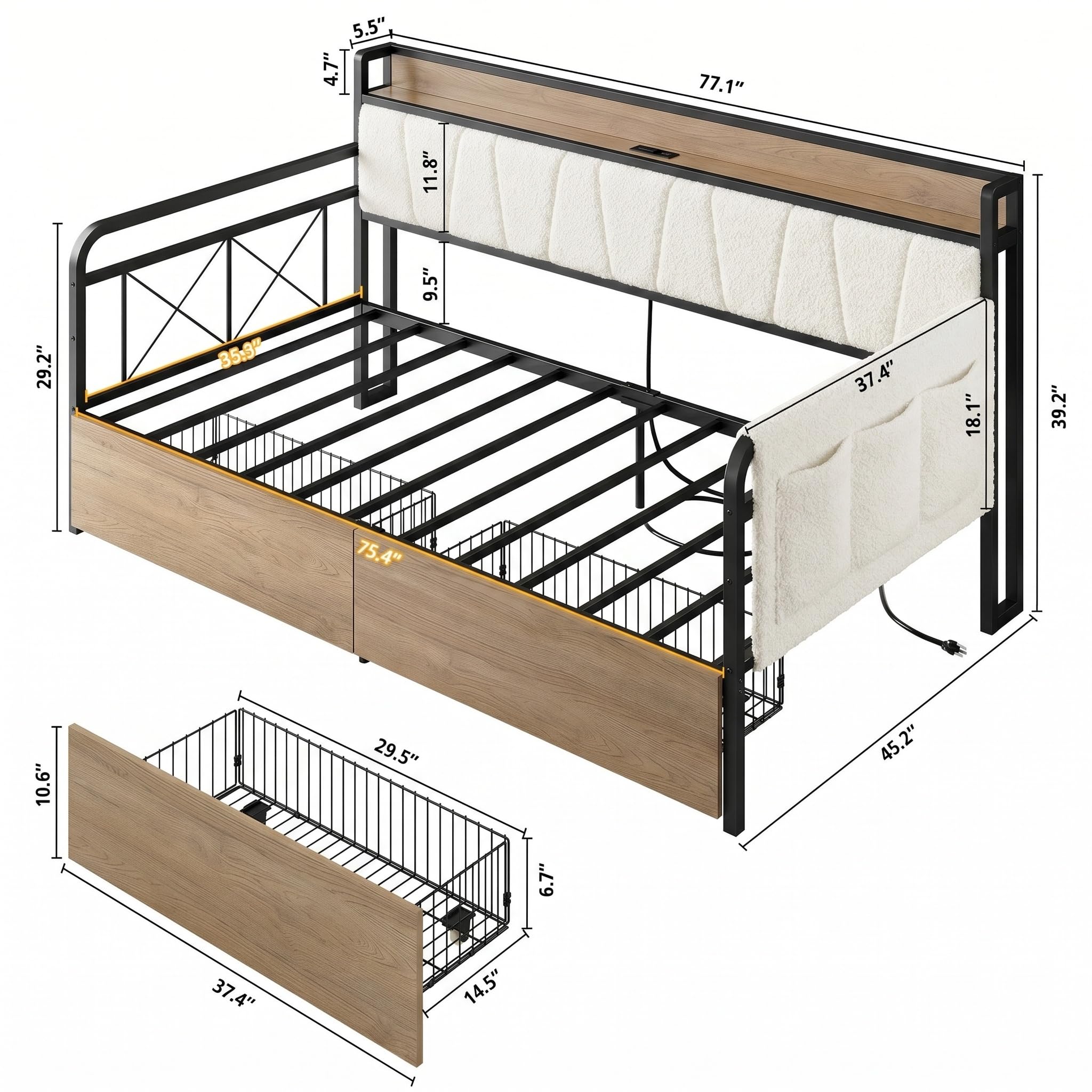 Twin Daybed with Storage Drawers & Charging Headboard