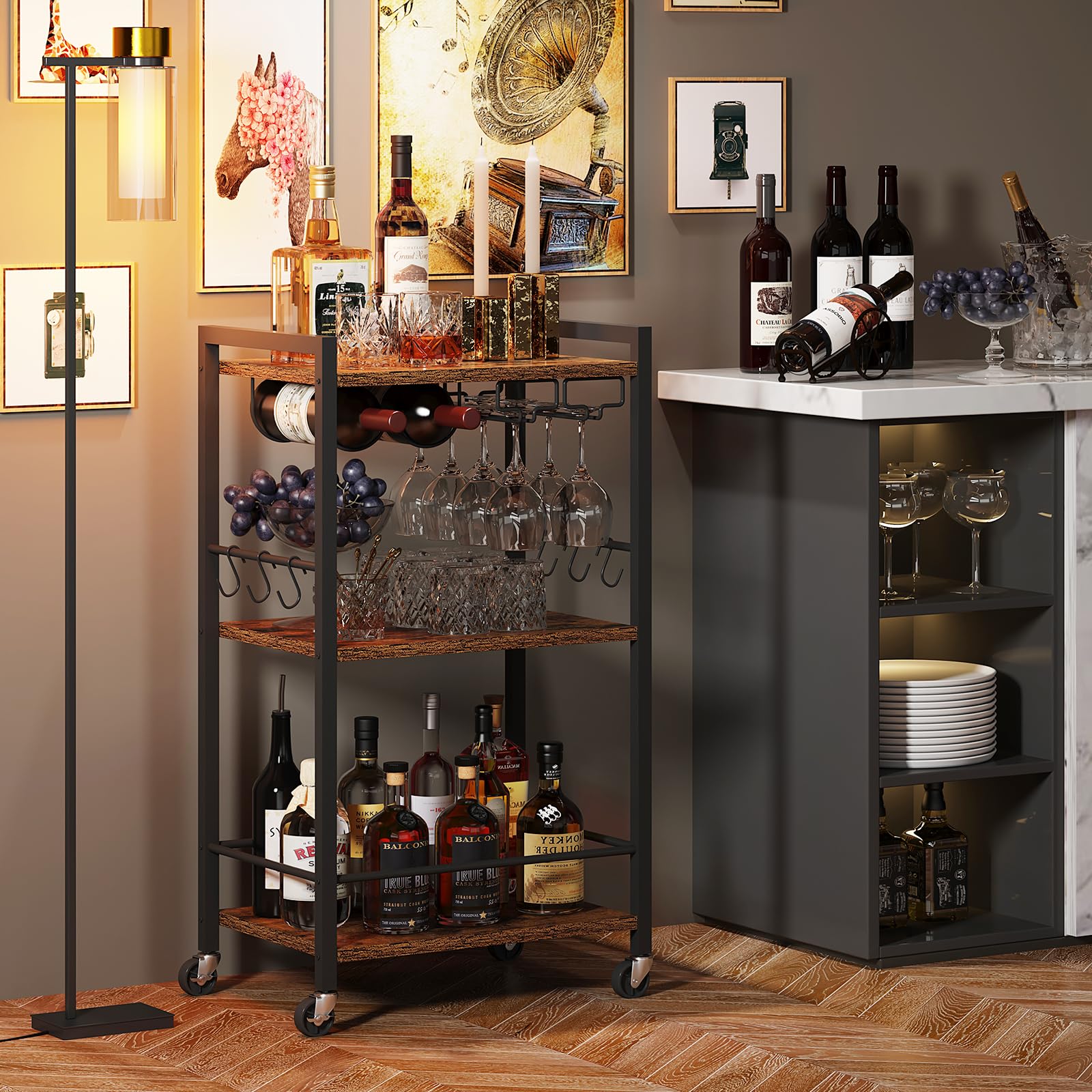 3-Tier Rolling Bar Cart with Wine Rack & Glass Holder