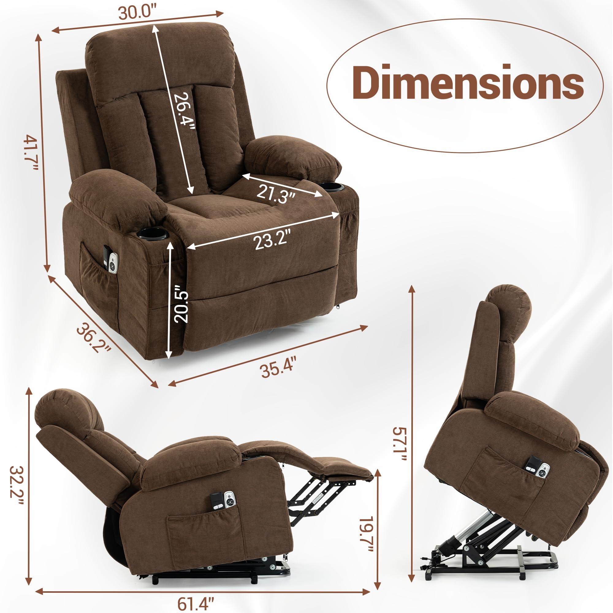 WENTUM Power Lift Recliner Chair for Elderly, Electric Lift Chair with 8 Vibration Massage and Heat, Soft Breathable Fabric, Cup Holders, Side Pockets, USB Charge Port for Living Room Bedroom, Brown