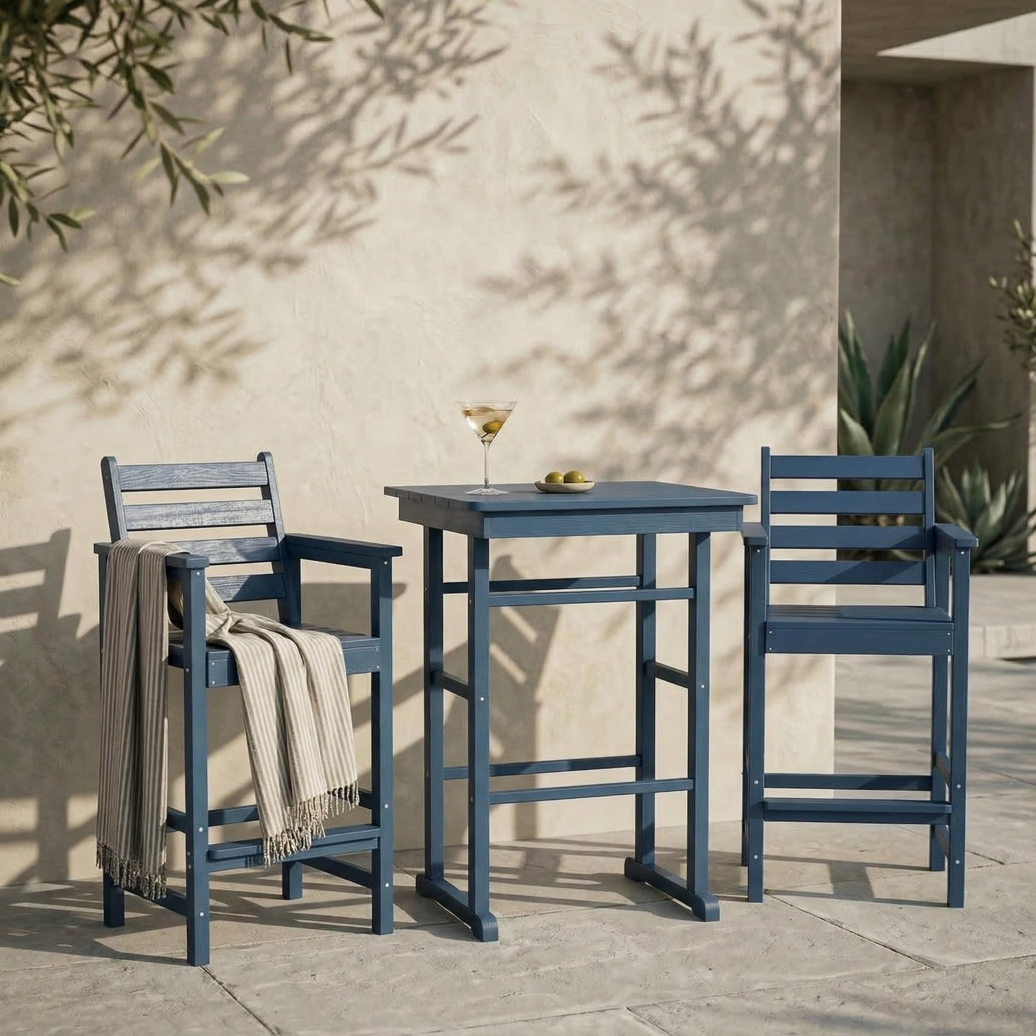 Kingdura Balcony Adirondack Chairs and Table 3 Pieces Set, Adirondack Bar Height Chairs Set of 2 with Matching Bar Table, HDPE Outdoor Bar Stools Set for Bistro, Garden, Poolside (Navy Blue)