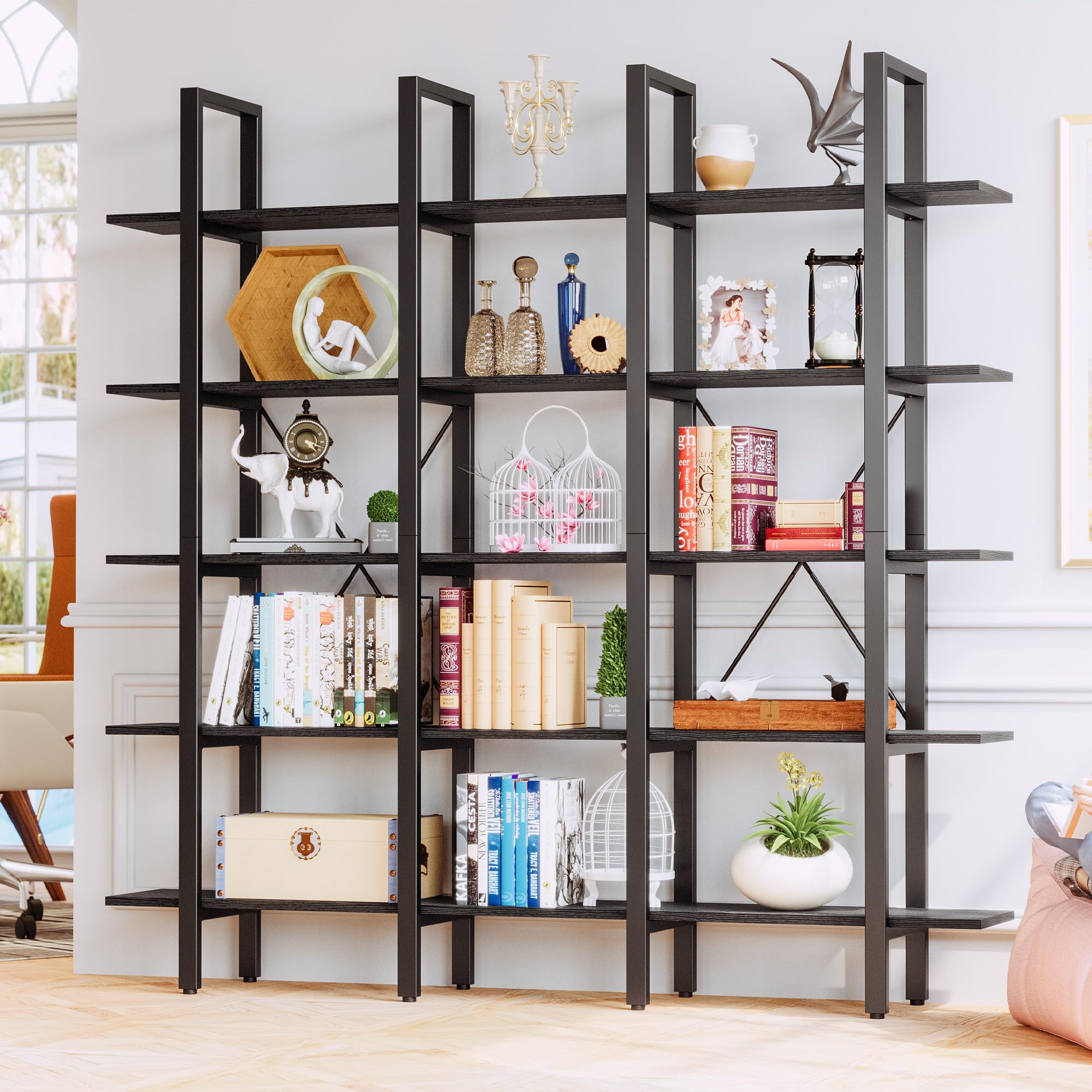 5-Tier Wide Open Bookcase with Metal Frame