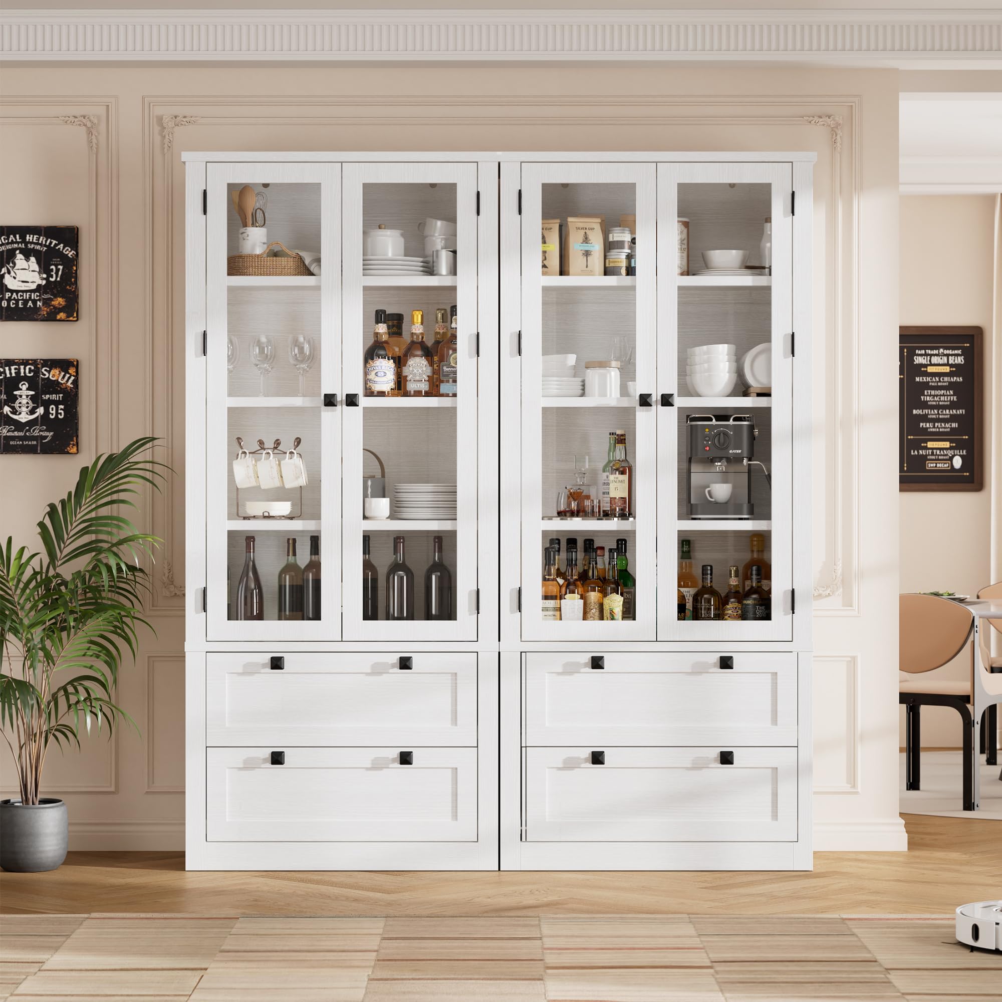 71" Tall Kitchen Pantry Cabinet - Modern Display Storage Cabinet with 2 Large Drawers, Glass Doors, and Adjustable Shelves, Farmhouse Kitchen Cupboard for Dining Room, Bathroom, Living Room, White