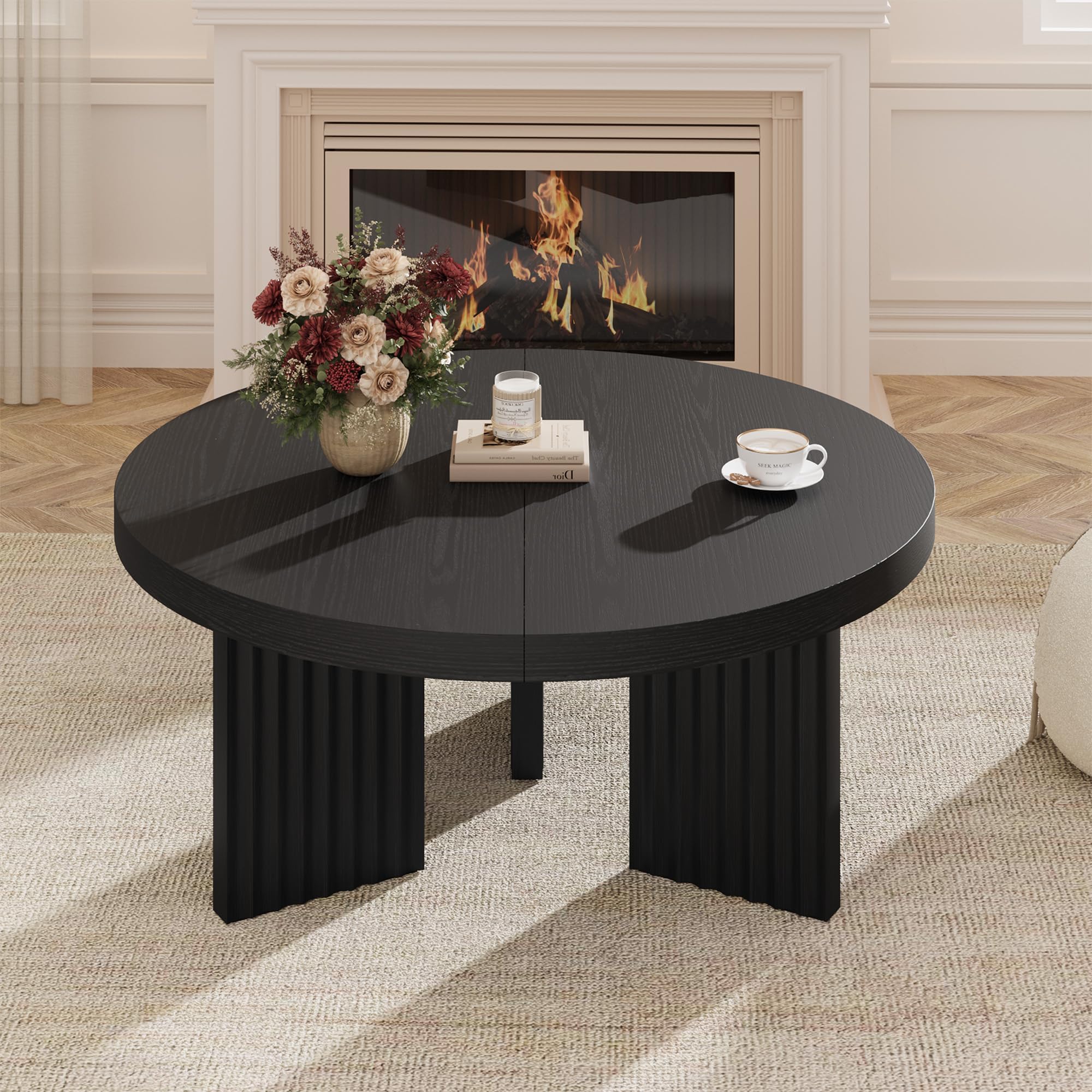 Garvee 33.5" Round Coffee Table, Circle Center Table with Fluted Legs & 1.3" Thick Top, Accent Sofa Tables for Living Room, Bedroom, Easy Assembly, Black