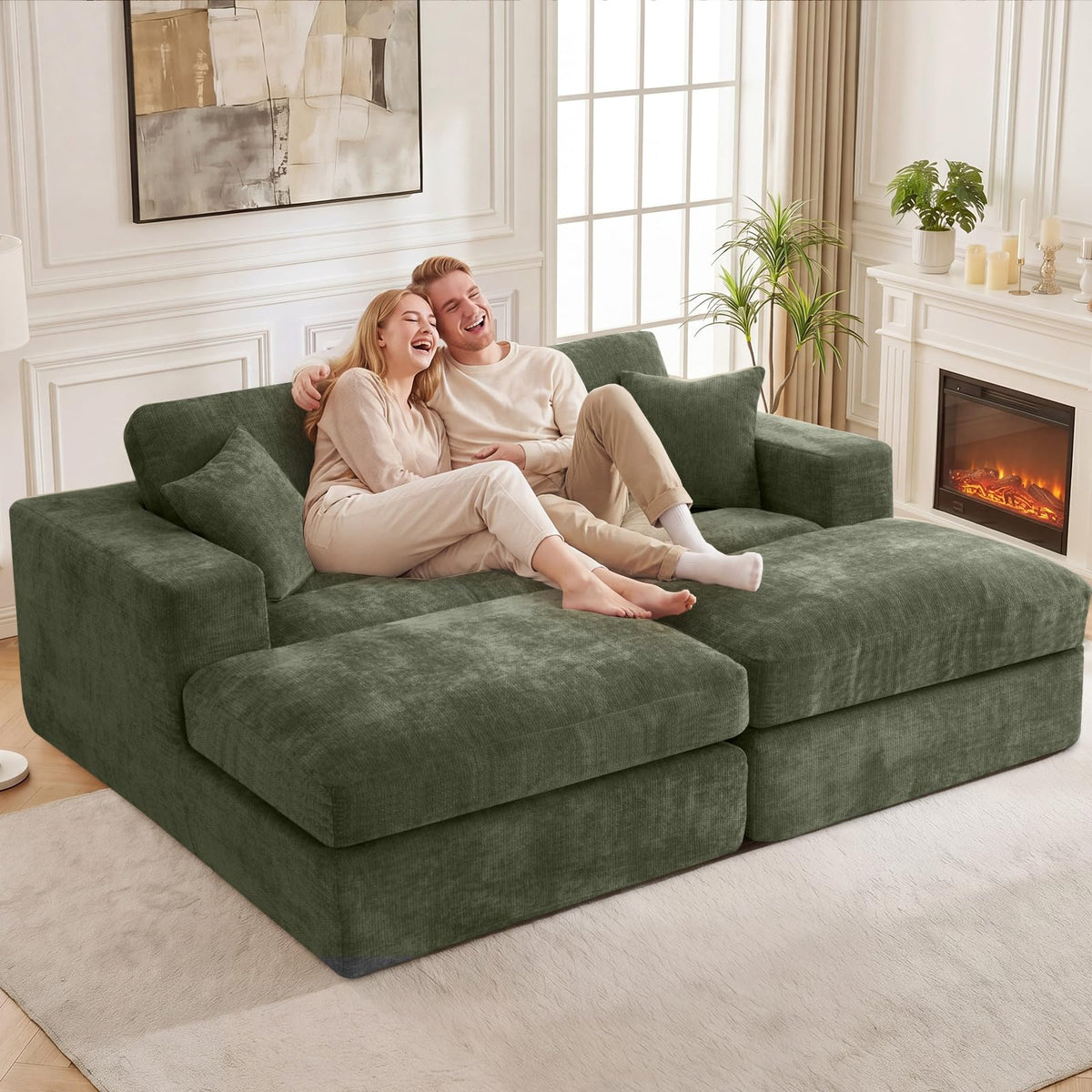 Mifnas Oversized Double Chaise Lounge Chair, Cloud Boneless Sofa Bed, Green