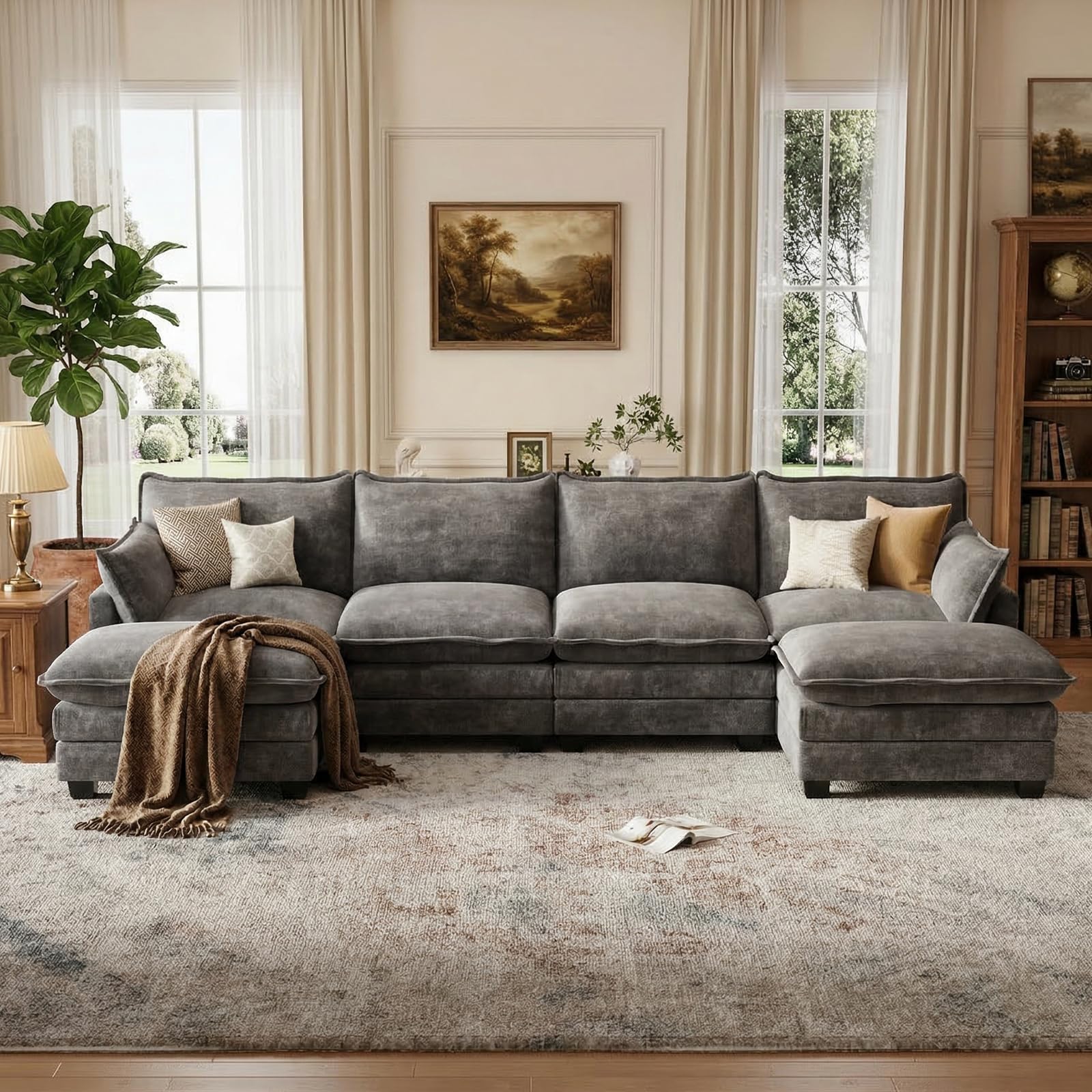 OhaiAura U Shaped Modular Sectional Sofa, Cloud Couch with Movable Ottoman, Comfy Chenille Sofa with Pillows for Living Room, Bedroom, Apartment, Dark Gray