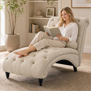 Tufted Chaise Lounge Chair Indoor, Beige Linen with Pillow & Nailhead Trim