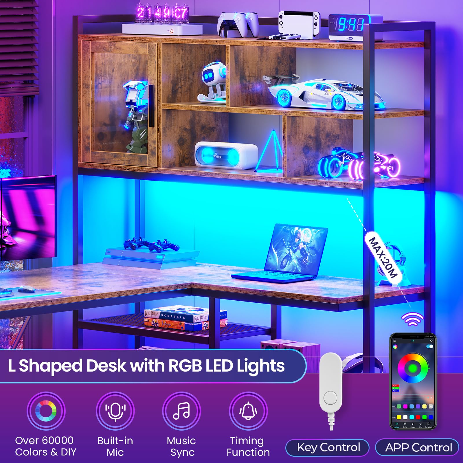 L-Shaped Desk with LED Light & Bookshelf