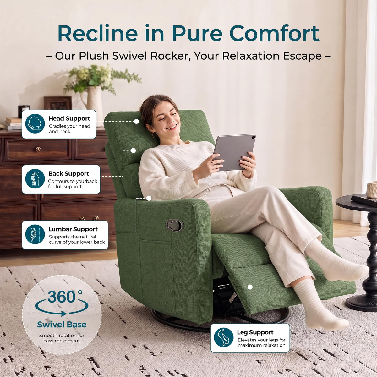 cinkehome Small Swivel Rocker Recliner, Manual Glider Chair for Nursery