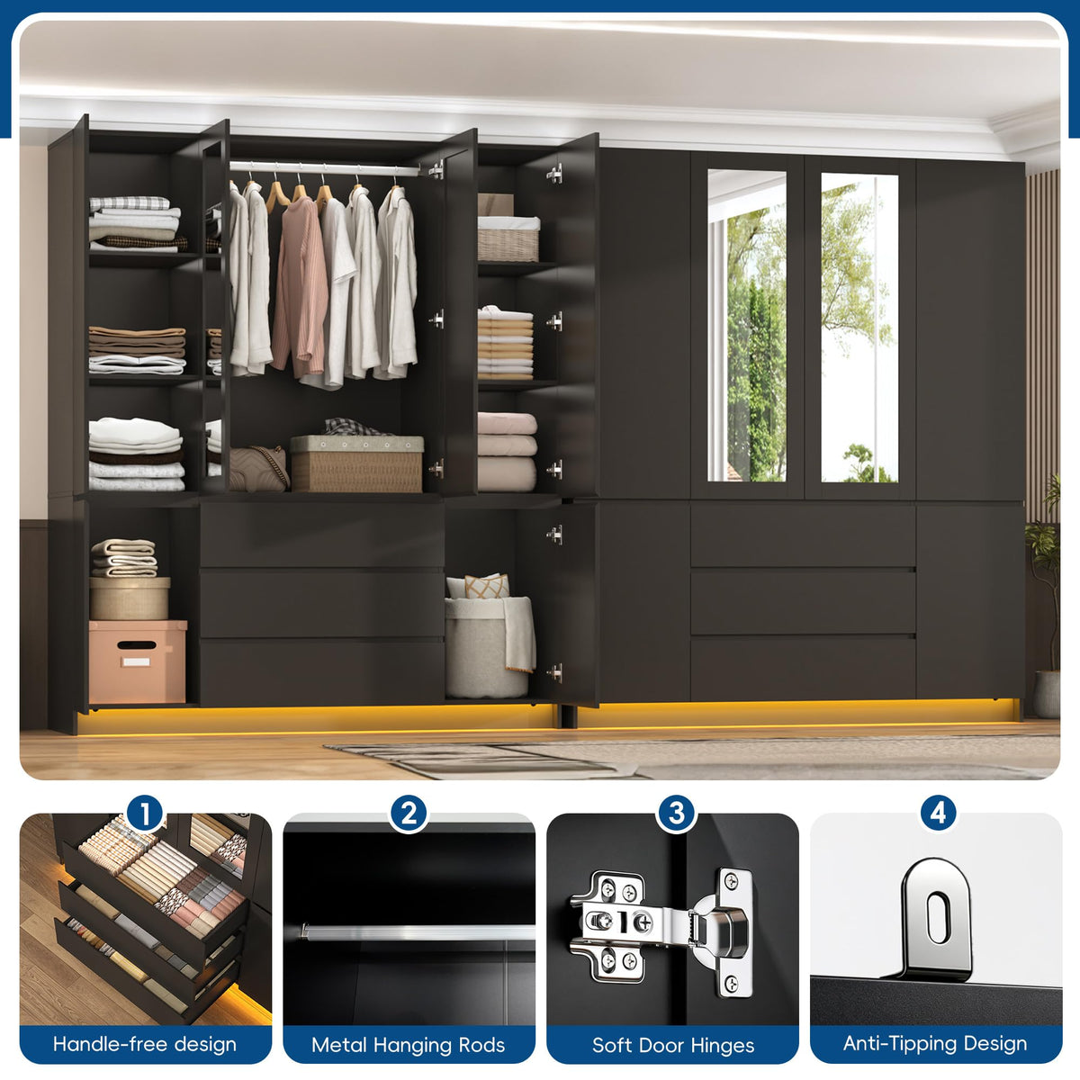 75" Tall Modern Wardrobe Closet with 2 Mirrors,LED Lights, 63"W Armoire Wardrobe Cabinet with 3 Drawers, Hanging Rod,Shelves, Freestanding Bedroom Storage Closet, Wooden Clothing Organizer, Black