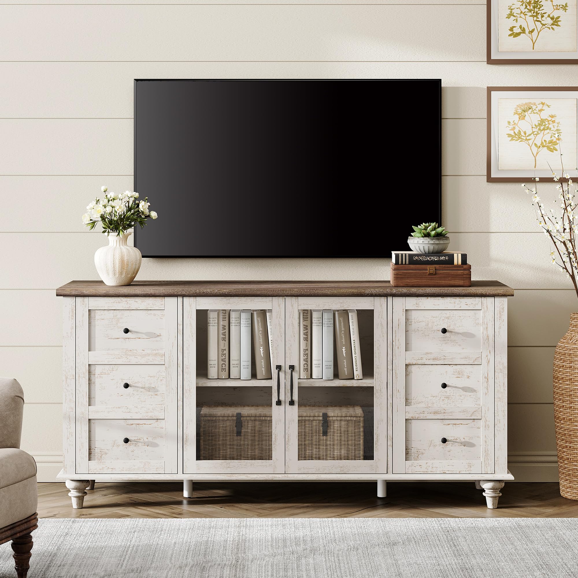 58" Farmhouse TV Stand with Glass Doors & Adjustable Shelf