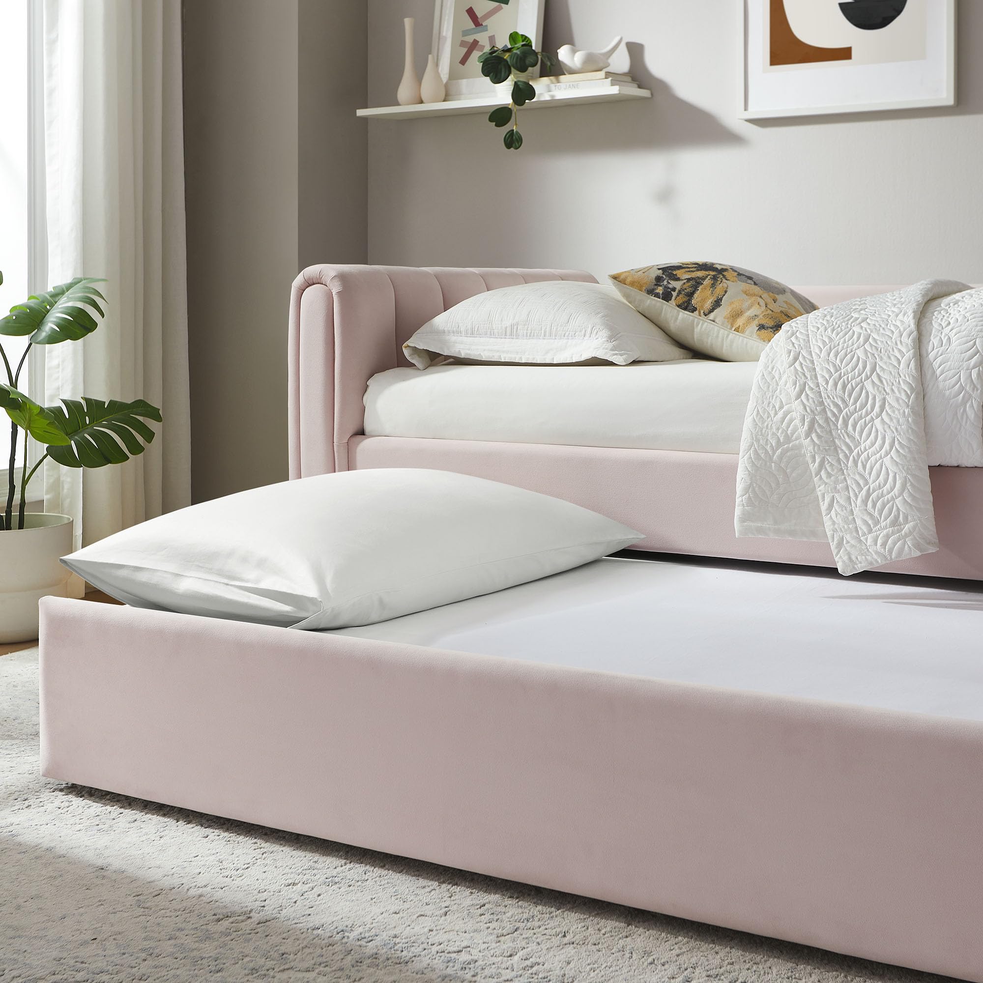 Veyla Twin Size Performance Velvet Daybed in Pink with Trundle – Channel Tufted Upholstered Sofa Bed with Wood Slat Support