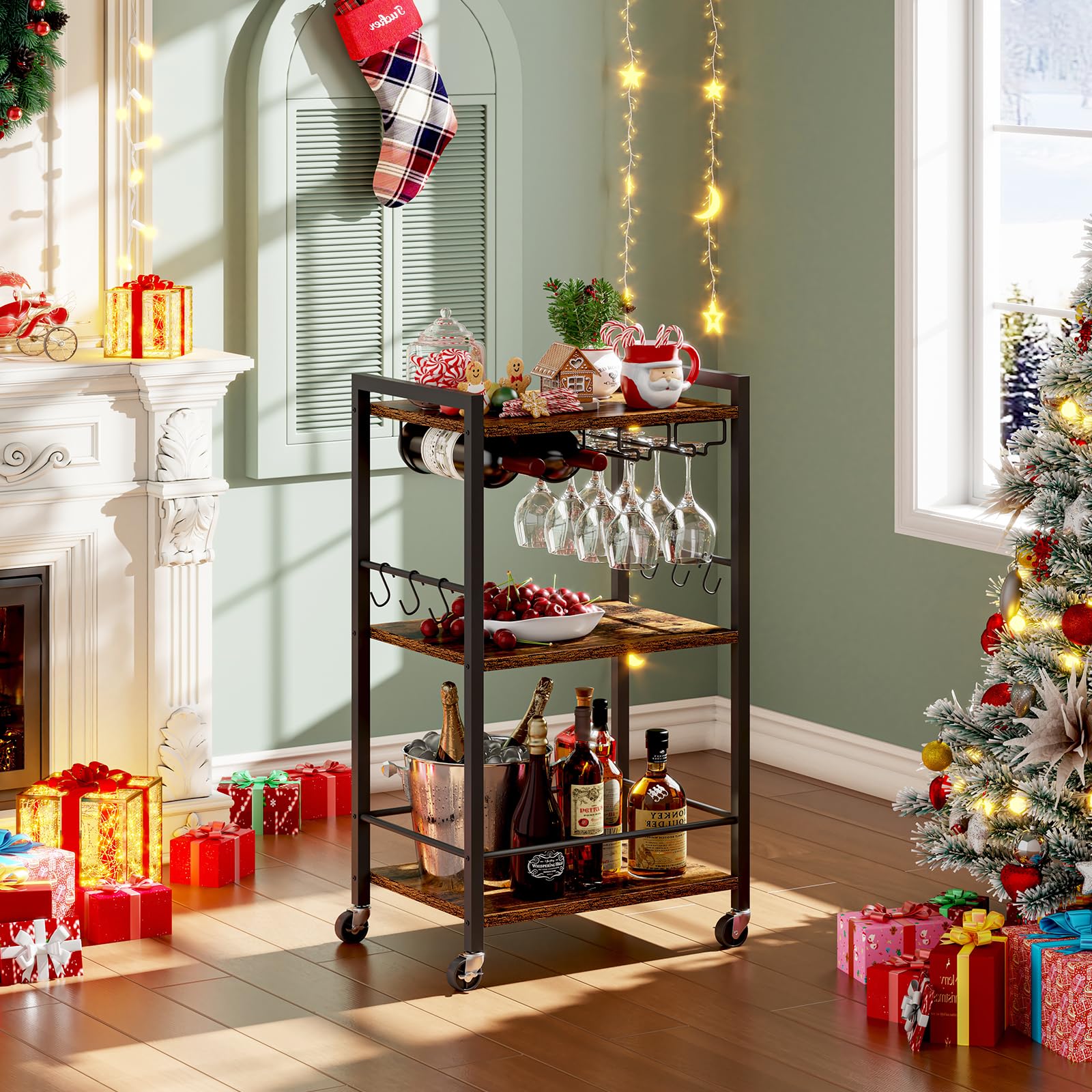 3-Tier Rolling Bar Cart with Wine Rack & Glass Holder